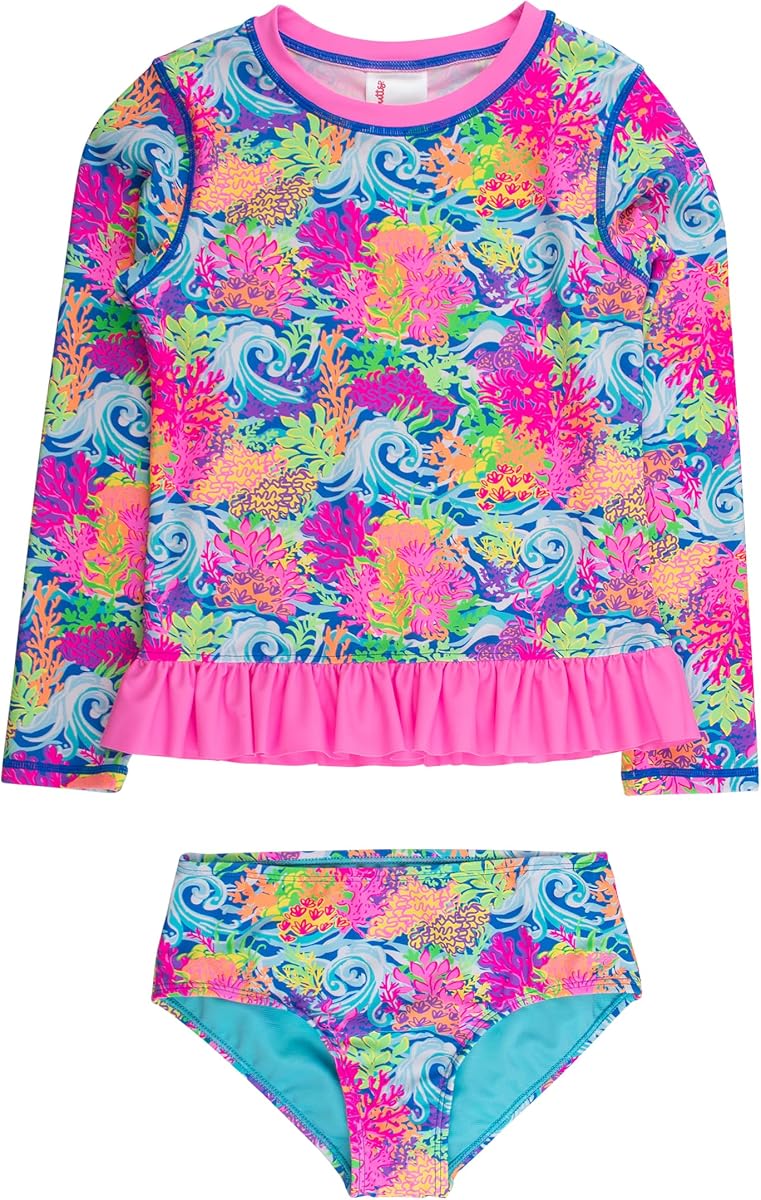 RuffleButts Girls Tween Long Sleeve Rash Guard 2-Piece Swimsuit - Bikini | 80% Nylon 20% Spandex, UPF 50+, 4-Way Stretch Fabric, Snag And Pilling Resistant, Full Seat Coverage, Fully Lined Bottom
