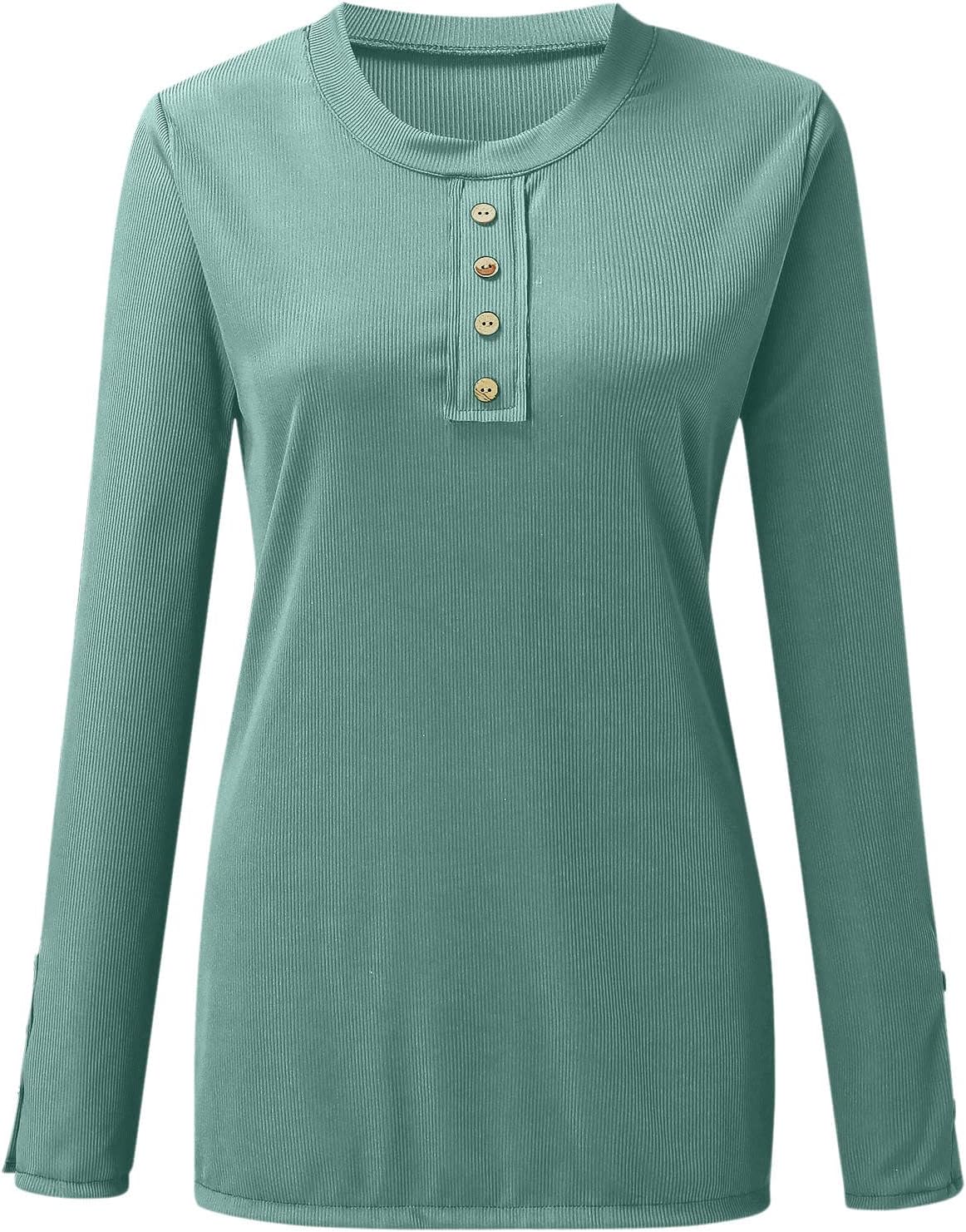 Women's Fall Long Sleeve Henley T Shirts Button Down Slim Fitted Tops Scoop Neck Ribbed Knit Casual Basic Shirts