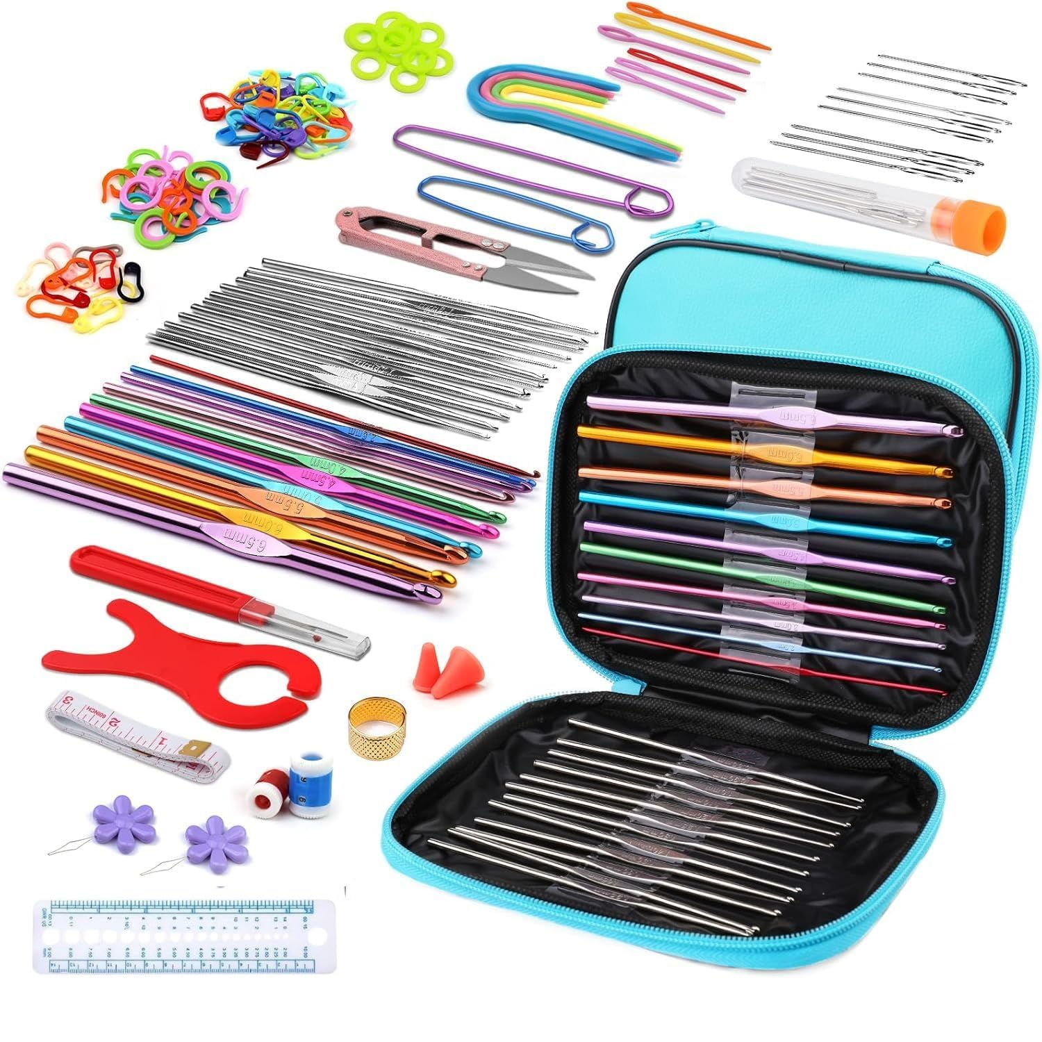 GEMSY 110 PCS Crochet Hook Set & Knitting Needles Kit for Beginners - Complete Crochet and Knitting Tools Set with Accessories - DIY Craft Kit for Sewing, Stitching & Handmade Projects(Sky Blue)-image-39