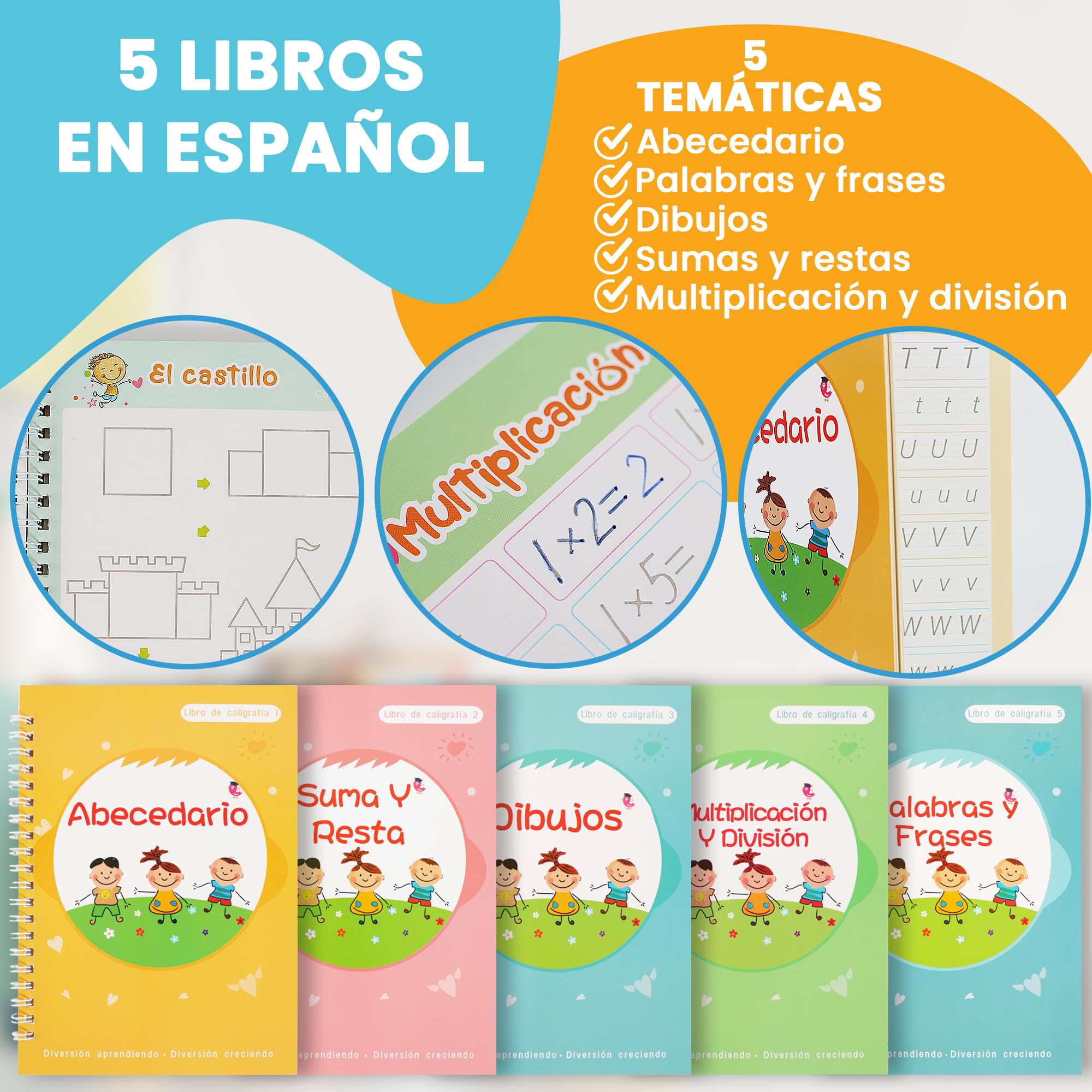 5 libros de caligrafía niños Aprende a escribir Cuaderno de trazado mágico Método Groove Alfabeto Números Dibujos