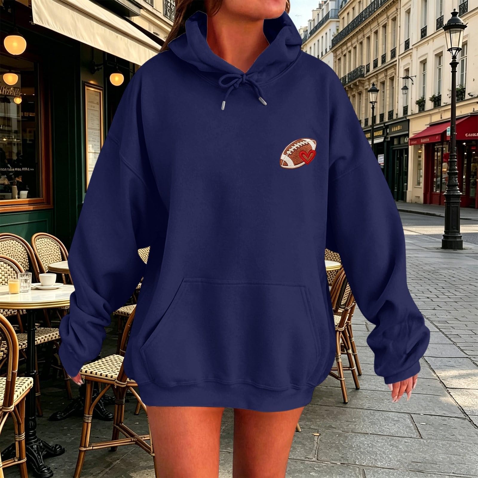 Generisch Pull à capuche à motif losanges pour femme avec broderie - Sweat à capuche décontracté à manches longues pour fans de football
