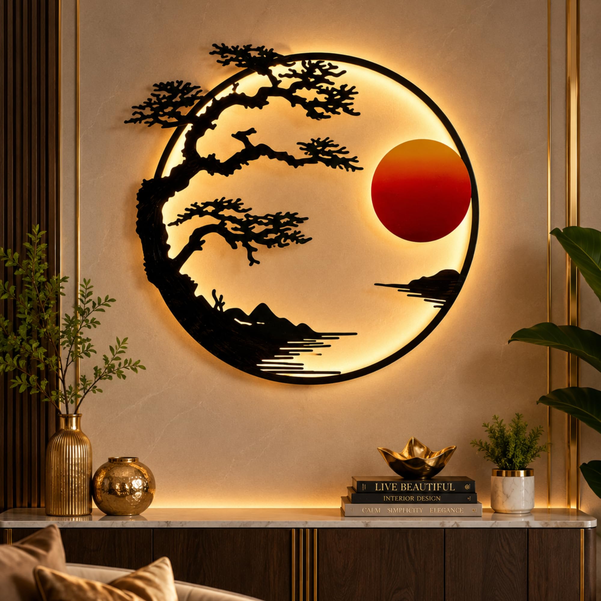 Nualish® Metal Sunset Serenity LED Wall Art | Abstract Sun Wall Decor | Modern Handcrafted Luxury Designer Sun Iron Wall Decor With LED | Perfect for Living Room, Drawing Room, Hotel, Restaurant (Multicolor)-image-32