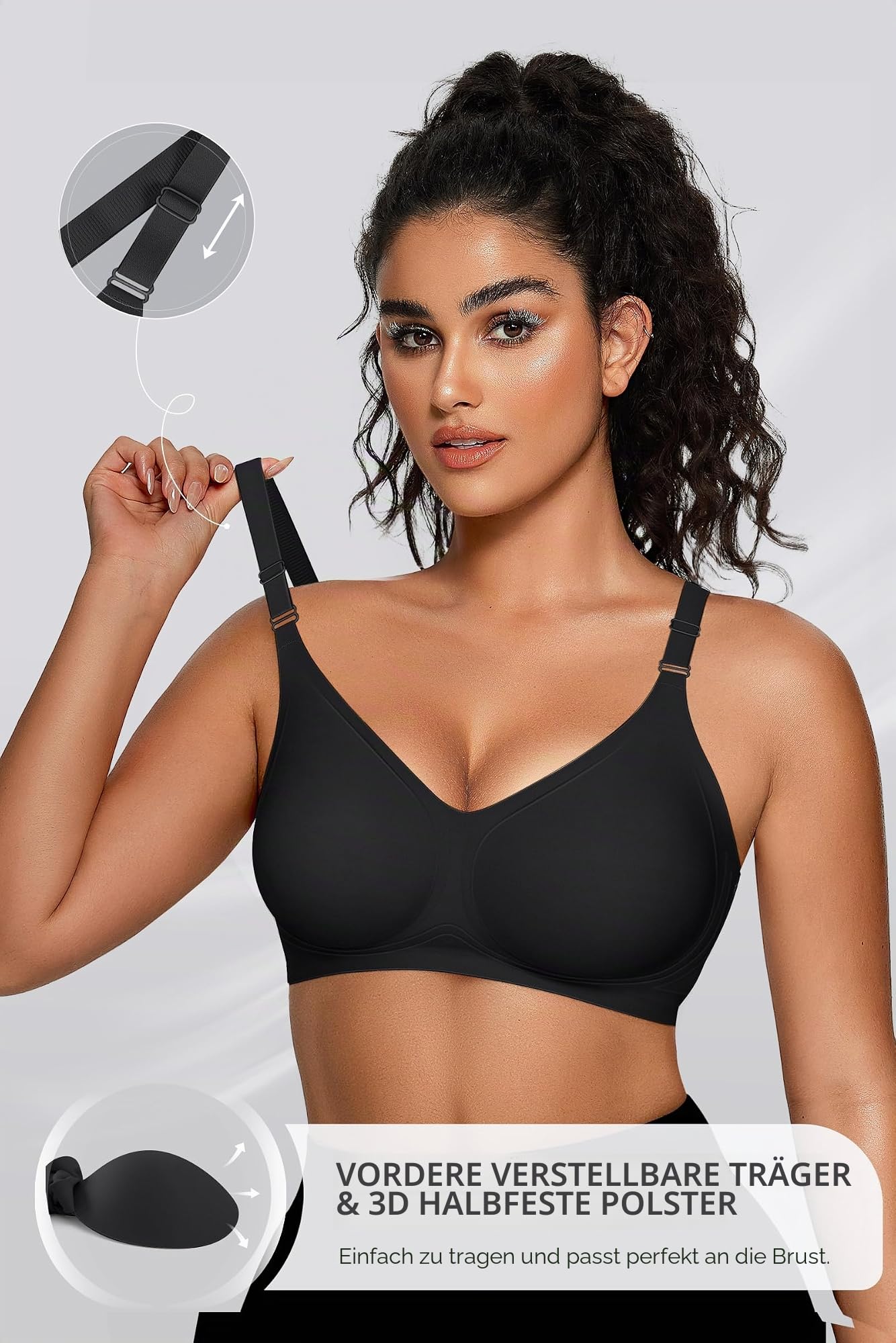 OEAK Damen BH Ohne Bügel Push Up Nahtloser V-Ausschnitt Bra Bügelloser Gepolstert Glatter Bustier Tshirt Schlaf BHS mit zusätzlicher Verlängerung (Schwarz,L)