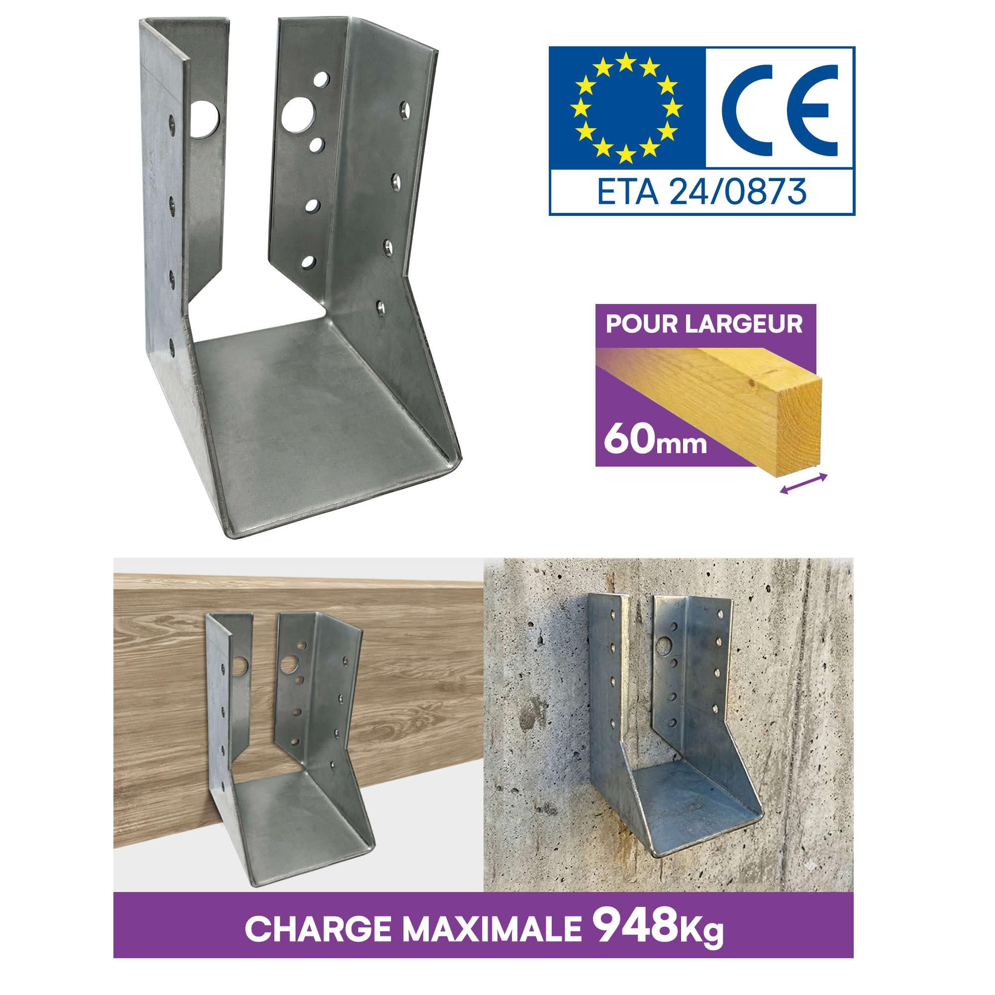 10 sabots de charpente à ailes intérieures - Larg 60 x Ht 100 mm - Connecteurs de poutres - Acier galvanisé - Fabriqué en Europe