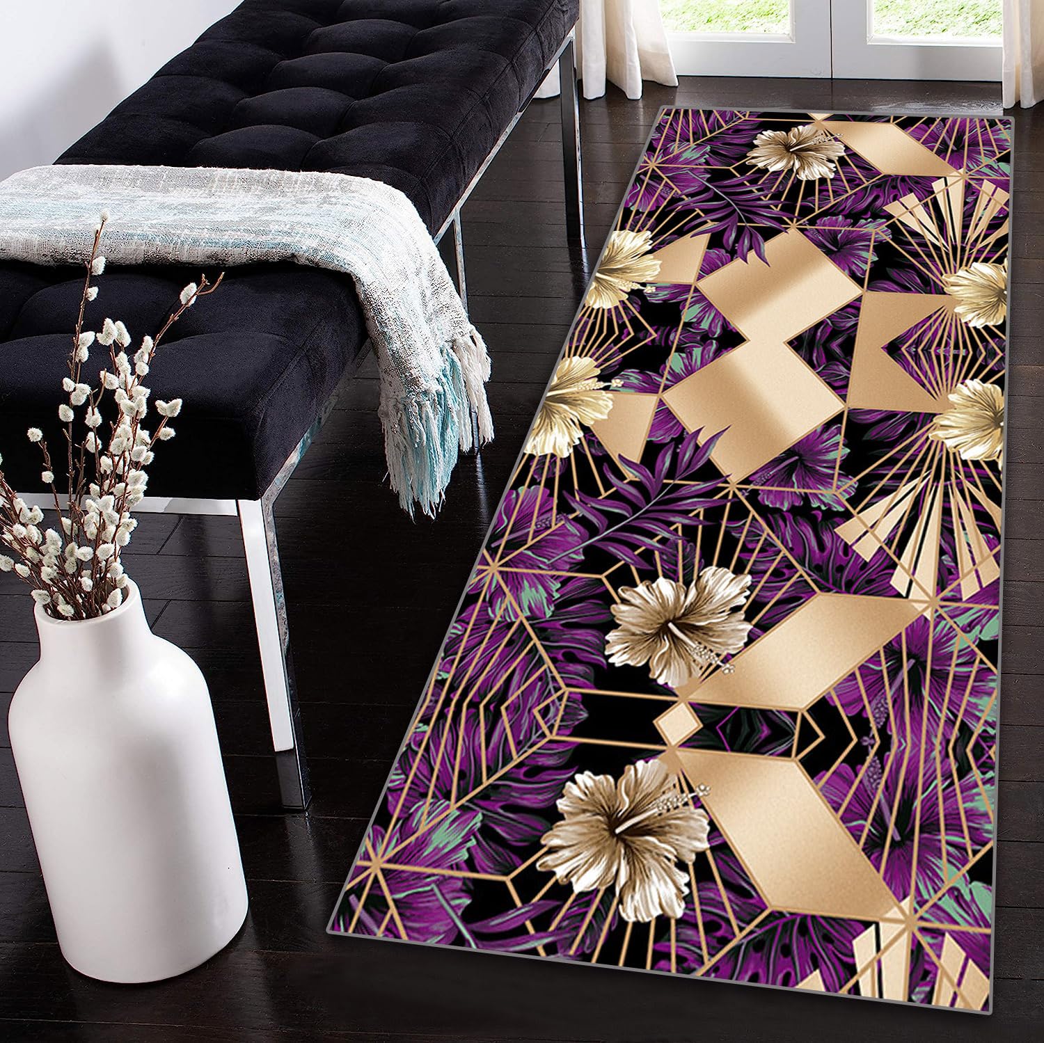 Tapis de cuisine antidérapant et lavable pour un couloir moderne et fleuri