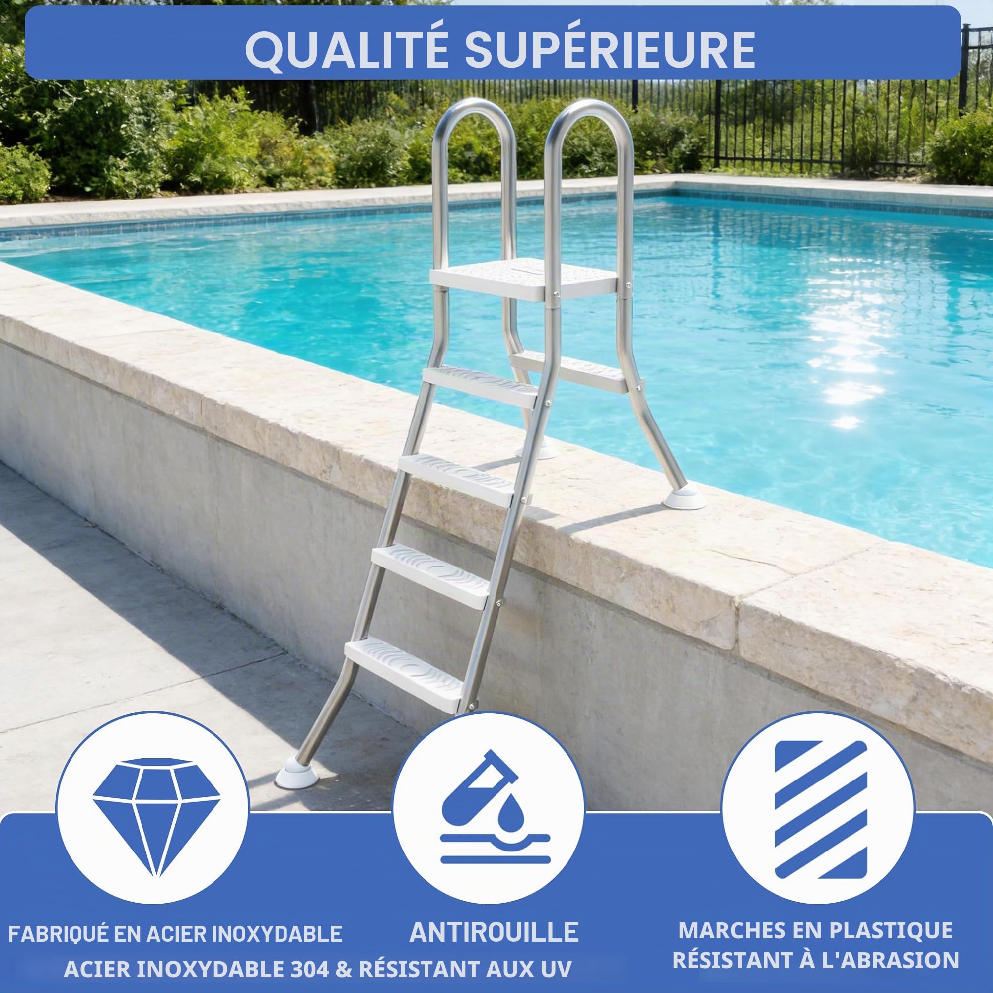 Échelles de piscine en acier inoxydable 3+1 marches, échelle de piscine avec main courante de sécurité, marches en plastique antidérapantes et pied de support à rotule sphérique, échelle haute