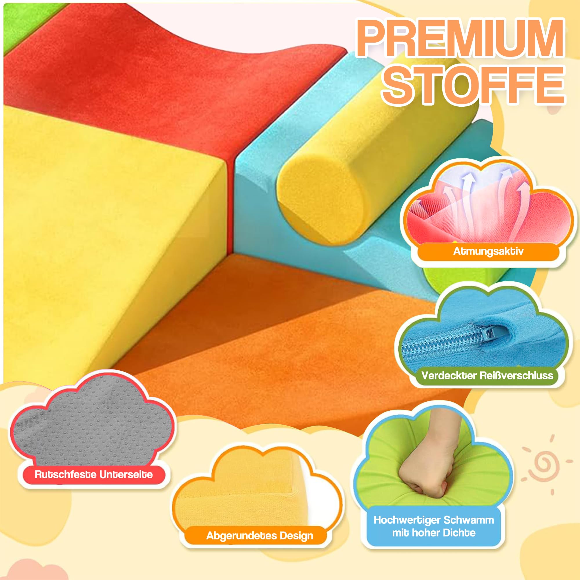 Übergroßes 8-teiliges Schaumstoff Bausteine Kinder, XXL Softbausteine, Waschbare Hülle für Indoor-Spaß, zum Krabbeln & Rollen, Indoor Krabbel Kletter Aktivitäts Spielset