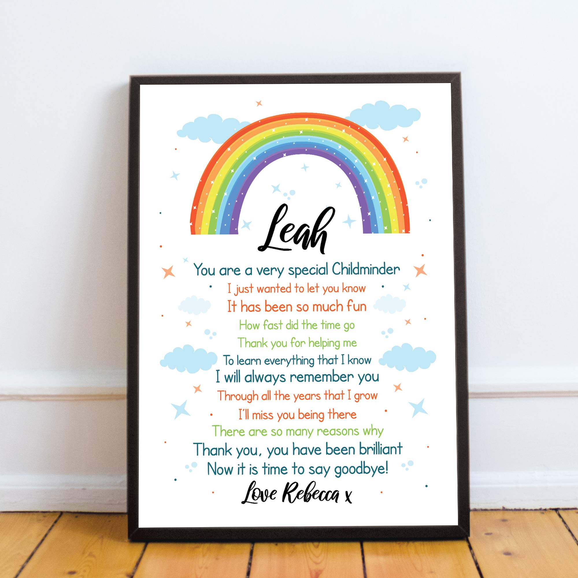 RED OCEAN Personalised Rainbow Childminder Thank You Teacher Gift School Leaving Gift (A4 Print with Black Frame - PERSONALISED Childminder Rainbow)