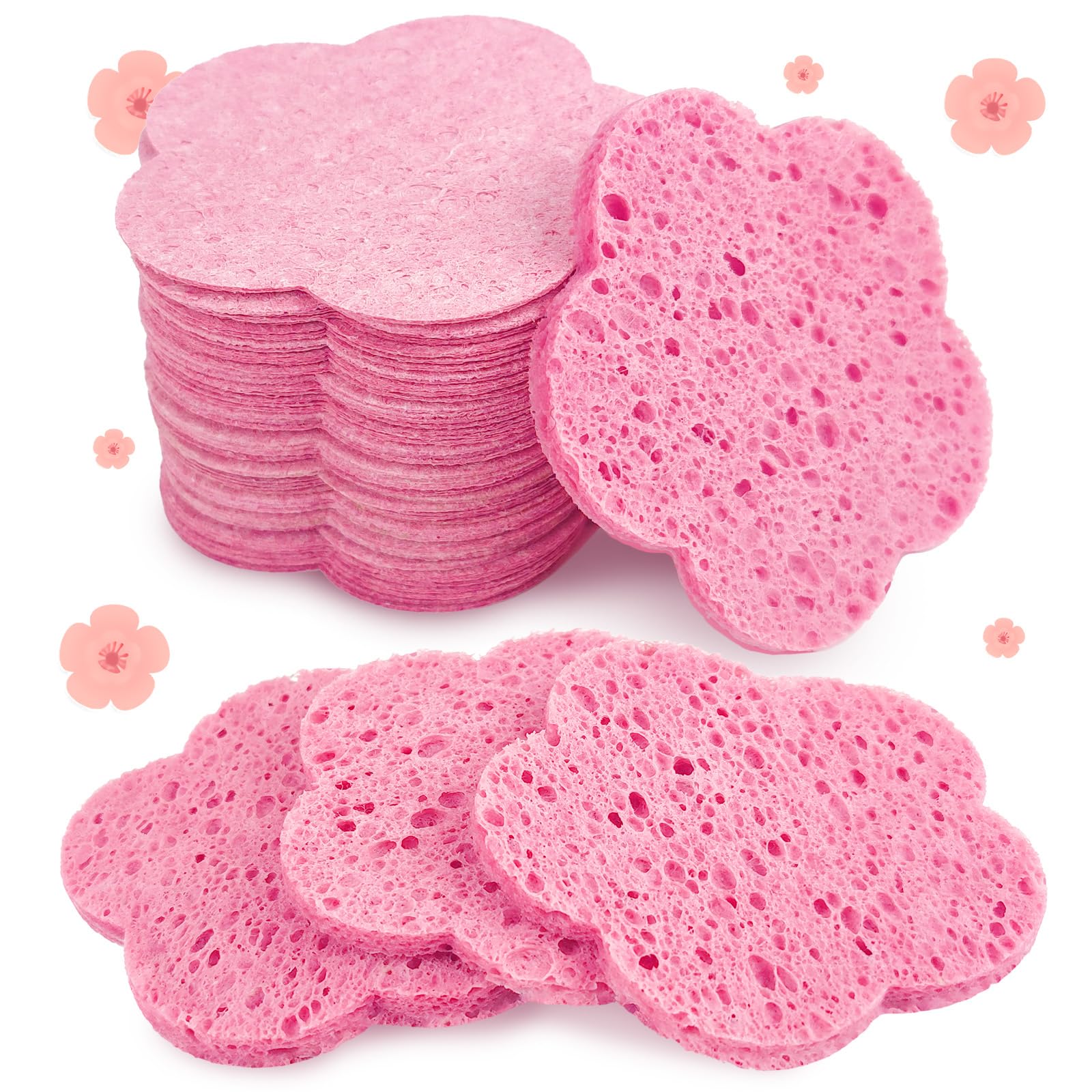50-Count Compressed Face Sponges for Cleansing Flower Shaped Facial Sponges for Washing Disposable Face Sponge for Estheticians Spa 100% Natural Reusable Exfoliating Facial Wash Sponge Scrubber|Rose