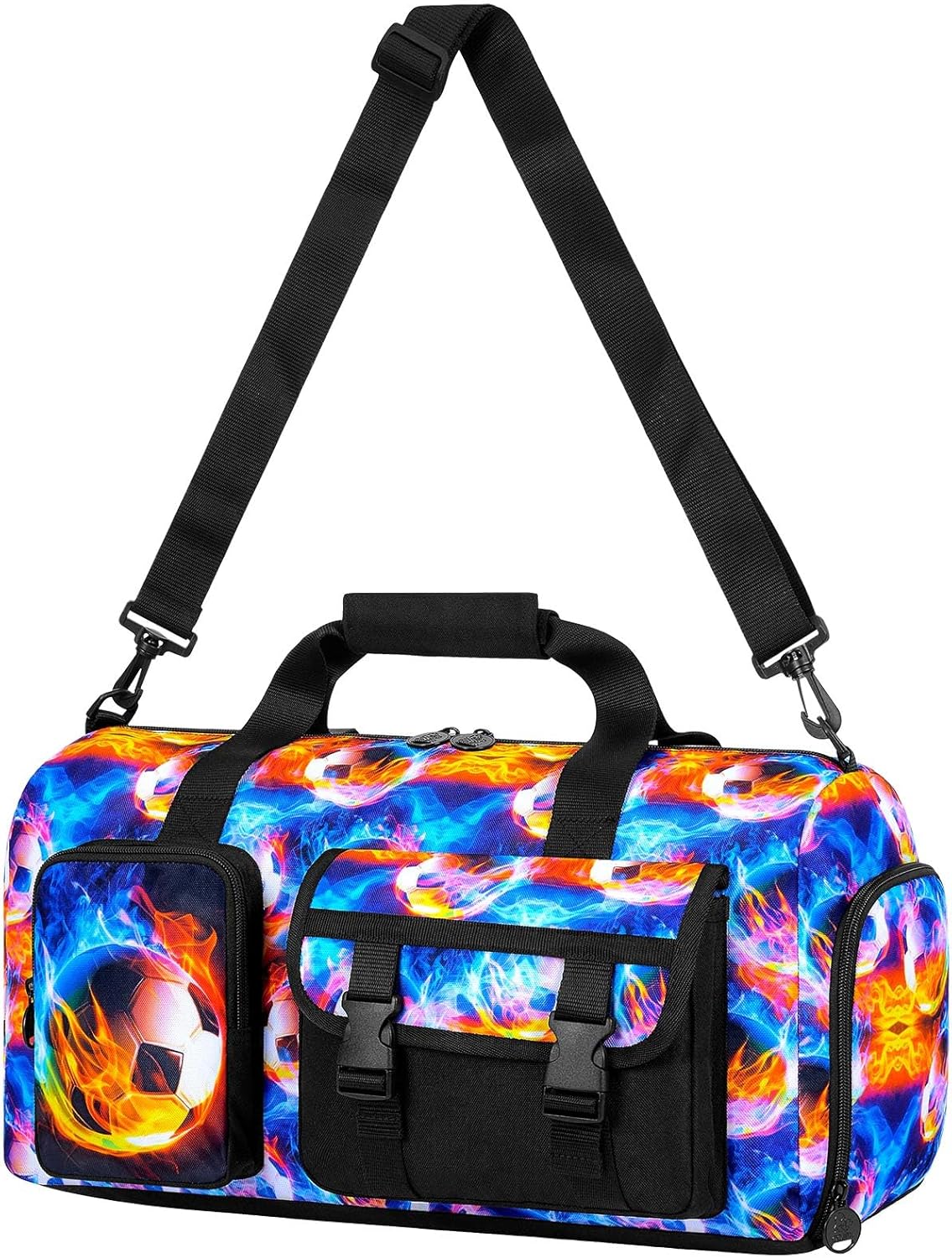 Boys Duffle Bag, Kids Water Resistant Travel Bag with Separate Shoe Compartment for Sports, Gym, Overnight Weekender - Flame Soccer