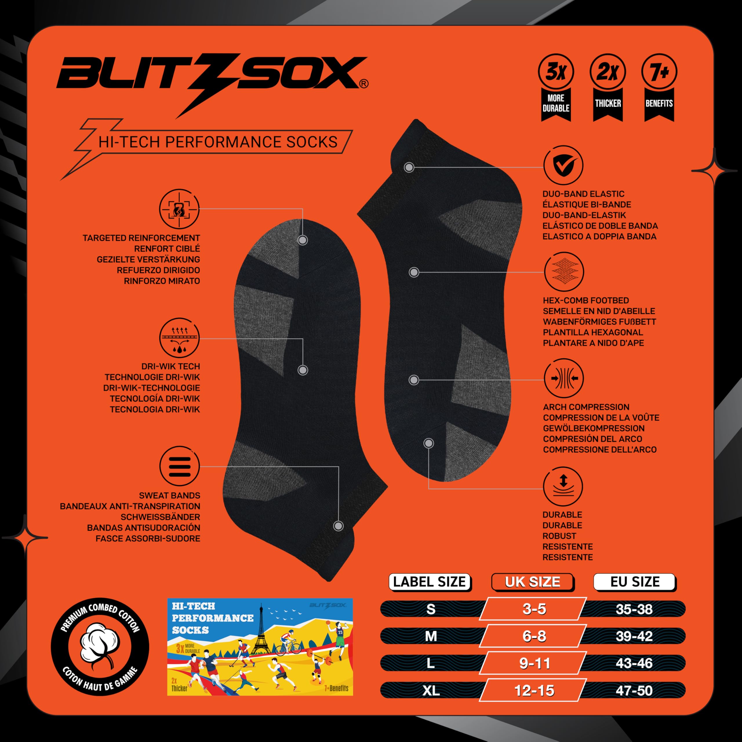 BLITZSOX Calzini Sportivi Uomo da Corsa Imbottiti Traspiranti Cotone Calzini Corti, Confezione da 6