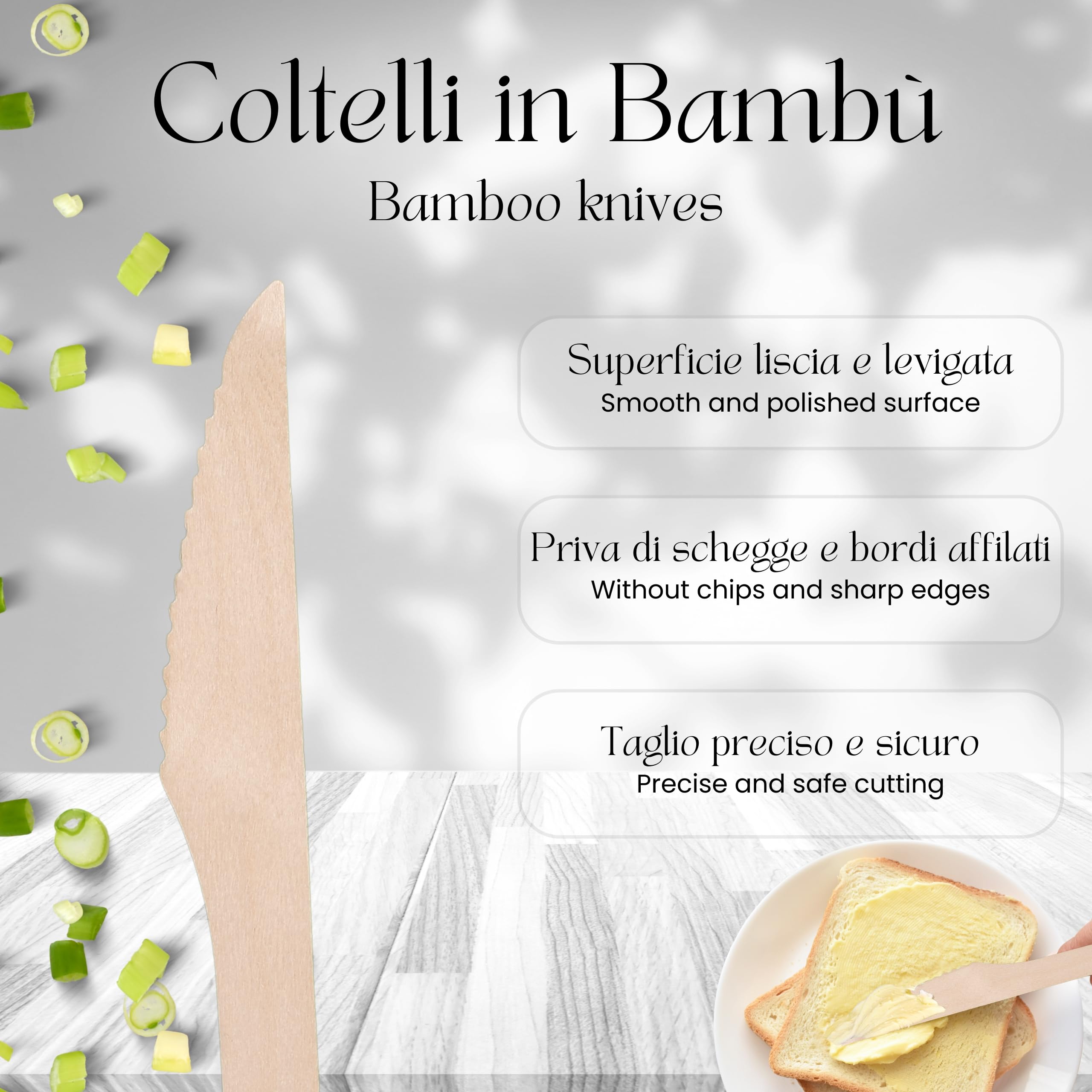 Coltelli Legno Bambù Monouso Ecologici, Set da 144 Pezzi, Posate Biodegradabili e Riutilizzabili