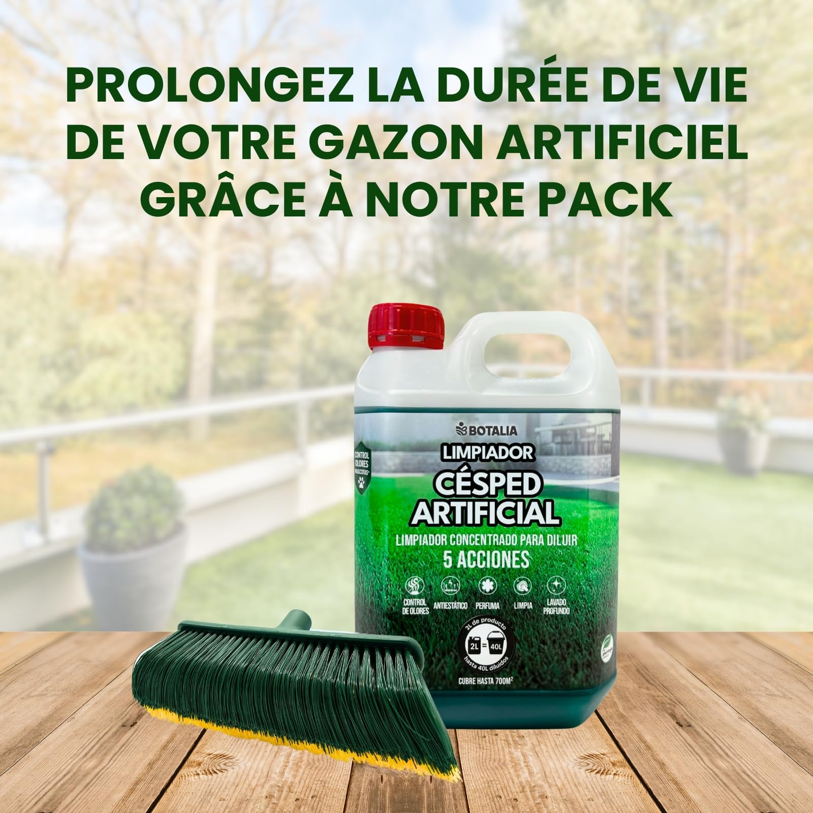 Pack de nettoyage PLANTAWA nettoyant pulverisateur pour gazon artificiel/pelouse synthétique. Nettoyant urine chien et chat 1L et brosse (sans poignée)