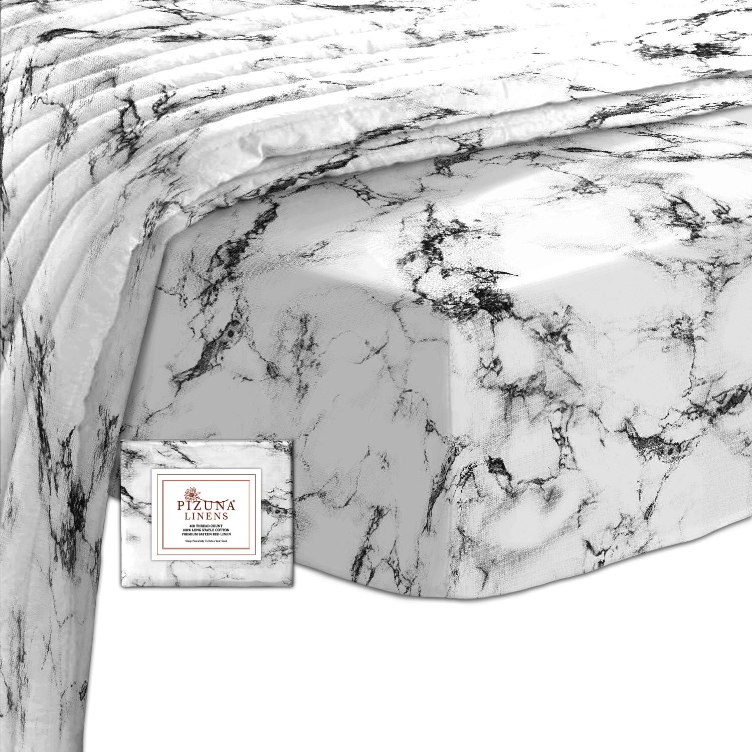 Pizuna Cotton Marble White Printed Fitted Sheets King Size 1 Pc, 400 Thread Count 100% Long Staple Cotton Sateen deep fitted king size sheet 150x200 of 40 cm Deep Pocket (Printed Bed Sheets)