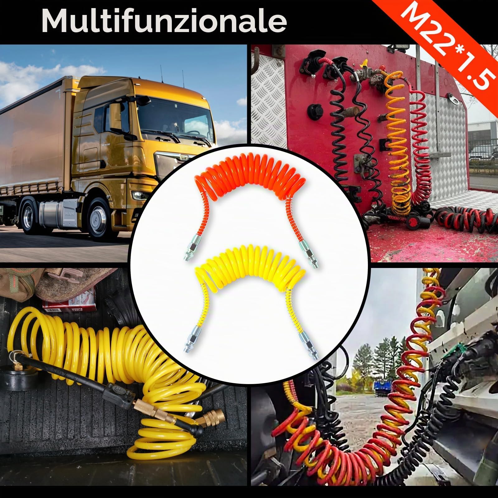 Set di Tubi spiralati Pneumatici CeyKvo, 2 Pezzi da 4 Metri ciascuno, Giallo e Rosso – Tubo spiralato Pneumatico Robusto per Camion, rimorchi e Agricoltura (M22*1,5)