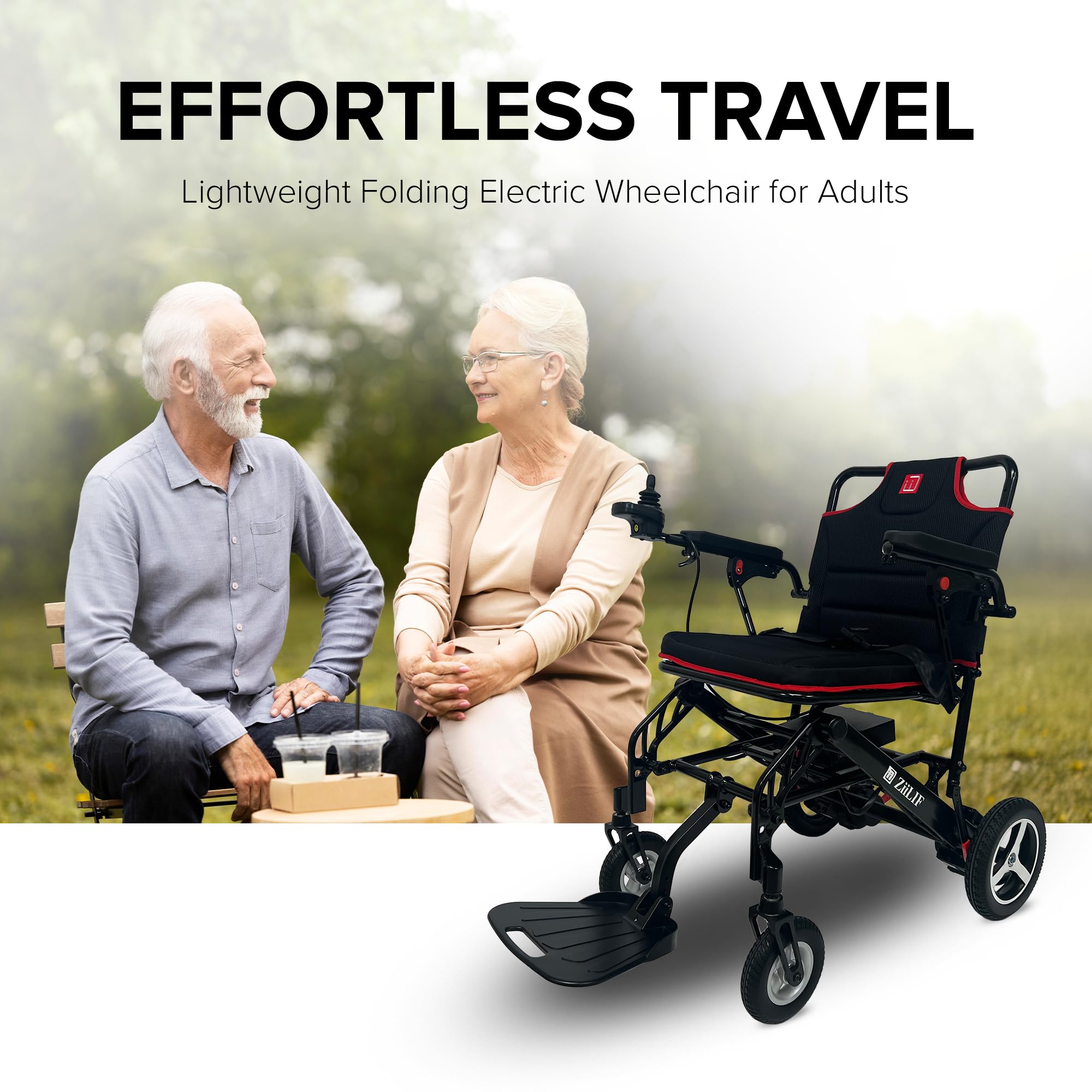 ZiiLIF Lightweight (36.4lbs) Folding Electric Wheelchair for Seniors/Adults - Portable Easy for Travel - Arilines Approved (Red)