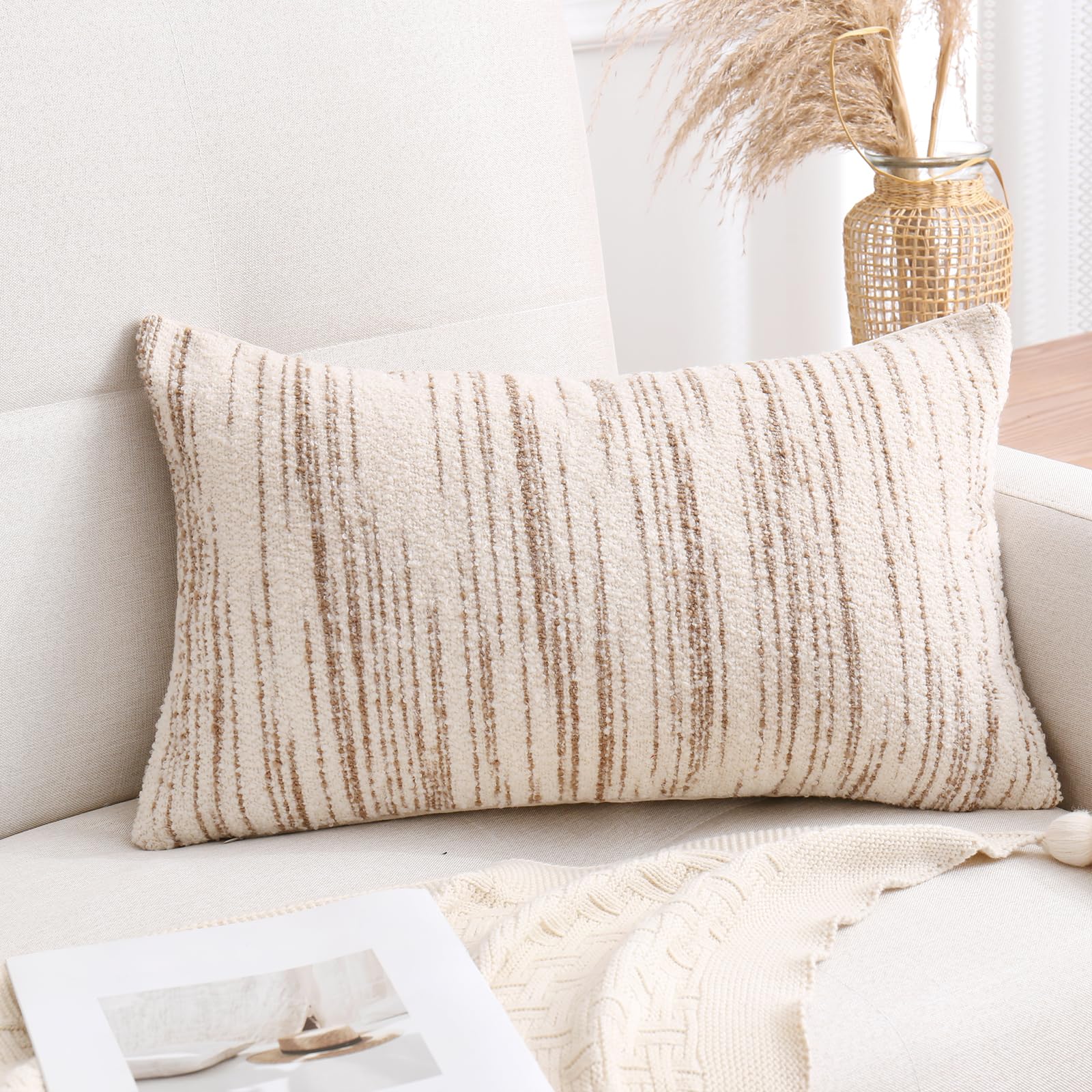 Textured Boucle Lumbar Pillow Covers 12x20 Brown and Cream Neutral Striped  Throw Pillow Covers Modern Farmhouse Decorative Accent Pillows for Couch