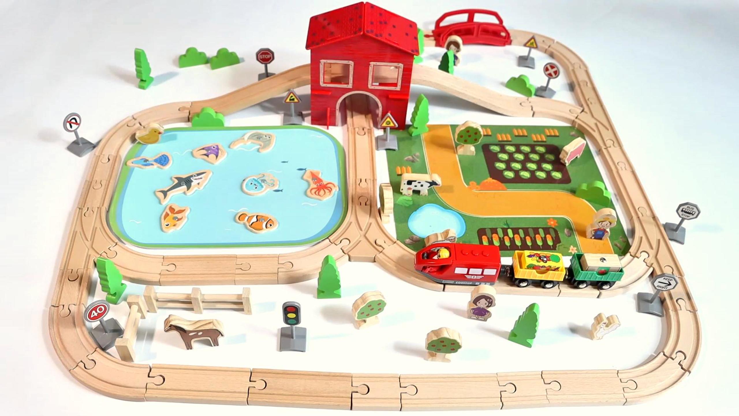 LumenVela Circuit Train Bois 100 Pièces Circuit Voiture Bois Thème de la Ferme Train Enfant avec Un Trainminiature, Un Étang et des Petits Animaux pour Enfants 4 5 6 7 8 Ans LumenVela Circuit Train Bois 100 Pièces Circuit Voiture Bois Thème de la Ferme Train Enfant avec Un Trainminiature, Un Étang et des Petits Animaux pour Enfants 4 5 6 7 8 Ans