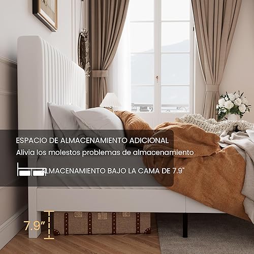 Miniatura 4 de SHA CERLIN Base de cama de plataforma tapizada completa con cabecera ajustable de tela de terciopelo capitoné de canal vertical, soporte de listones