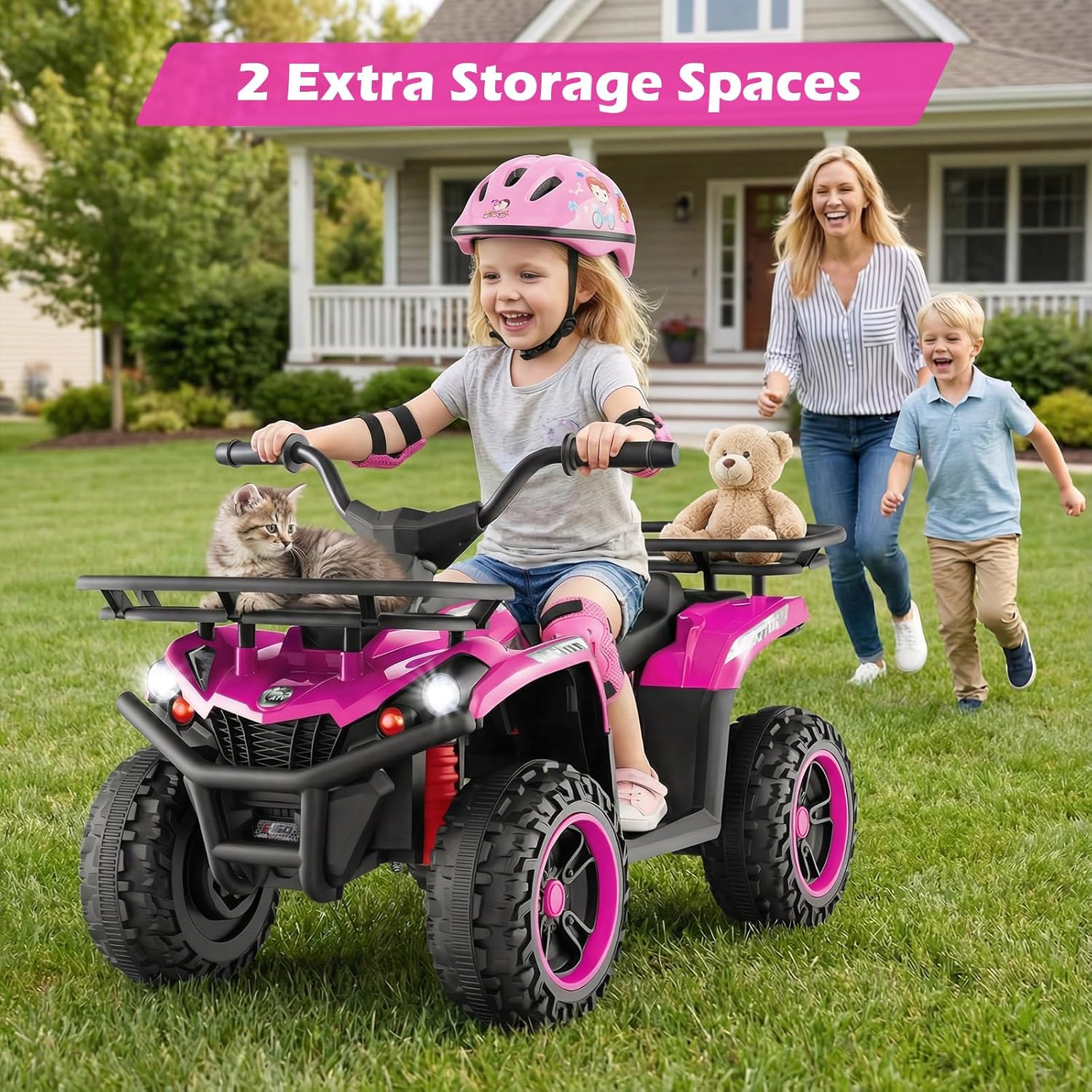 OLAKIDS 12V Kids ATV Quad with 2 Speeds, Spring Suspension, LED Lights, Music & Story Player, Big Tires, 2 Storage Spaces, Ride On Car for Boys Girls Ages 3+ (12V, Pink)