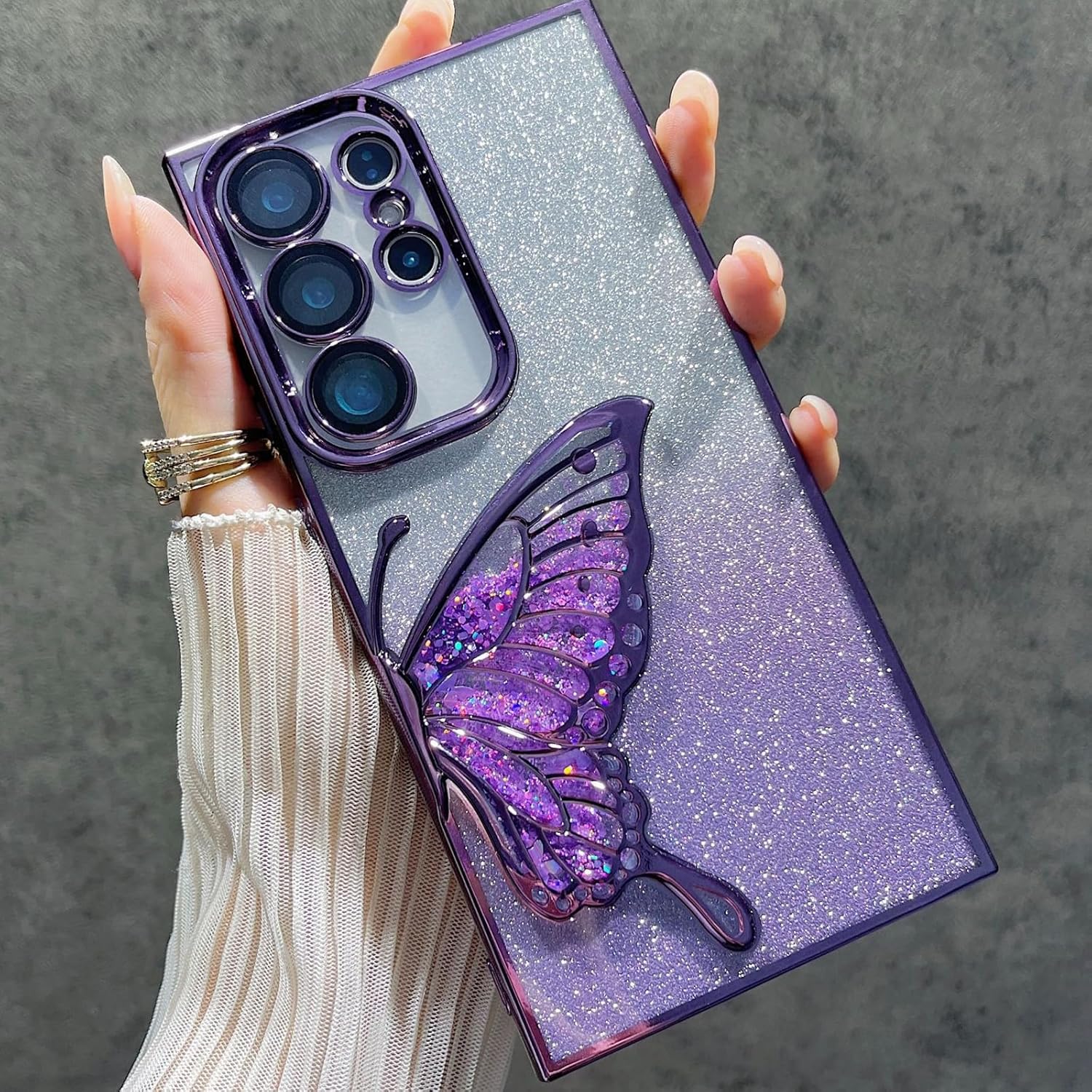 for Samsung Galaxy S25 Ultra Glitter 3D Butterfly Case,Cute Luxury Bling Sparkle Liquid Flowing Case with Camera Lens Protector Plating Bumper Women Girl Cover for Galaxy S25Ultra 6.9",Purple - Image 3
