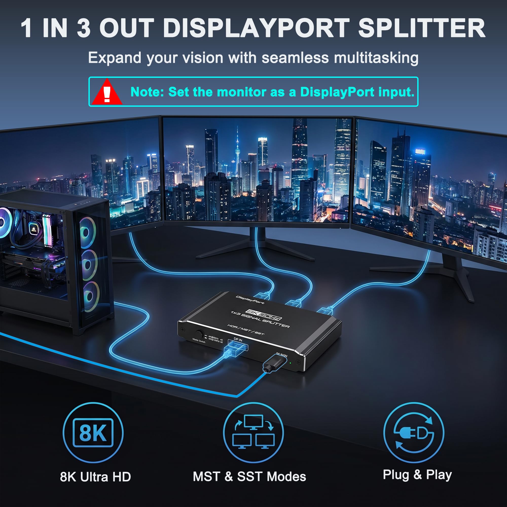 Divisor DisplayPort 1 en 3 salidas, 8K a 60Hz DSC, triple pantalla MST, adaptador multimonitor DisplayPort, modo extendido/espejo para escritorios/tarjetas gráficas (AMD/Intel), para HP/Dell/Mini PC