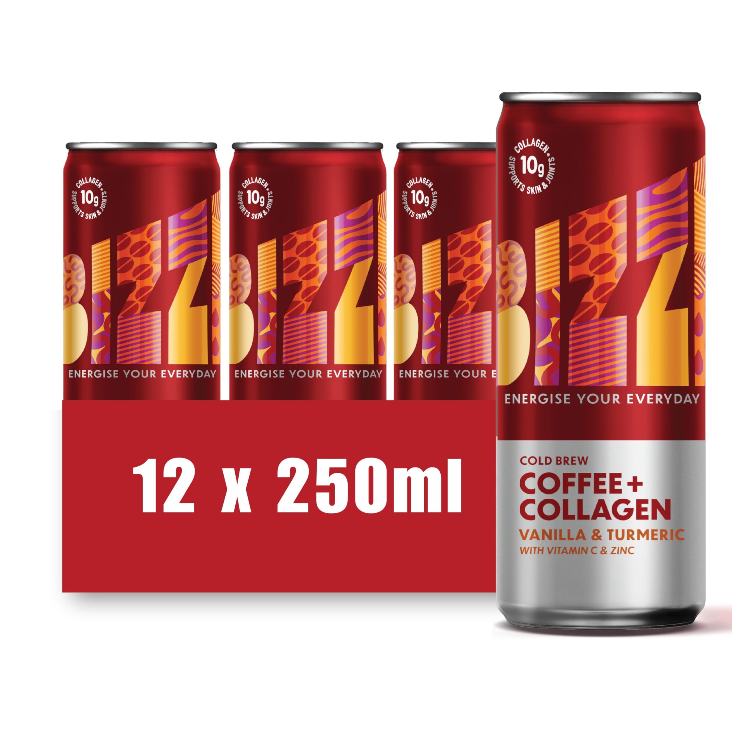 BIZZI Drinks Cold Brew Coffee + Collagen, Vanilla & Turmeric, Smooth Ugandan Infused with Vitamin C Zinc, 10g Premium Bovine Natural Energy for Skin, Nails Joints, 12 x 250ml Cans