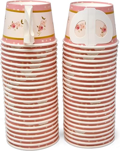 Miniatura 5 de Gift Boutique 48 tazas de té floral con asa desechables de 10 onzas de papel para aperitivos, postre helado, tazones de té, suministros de
