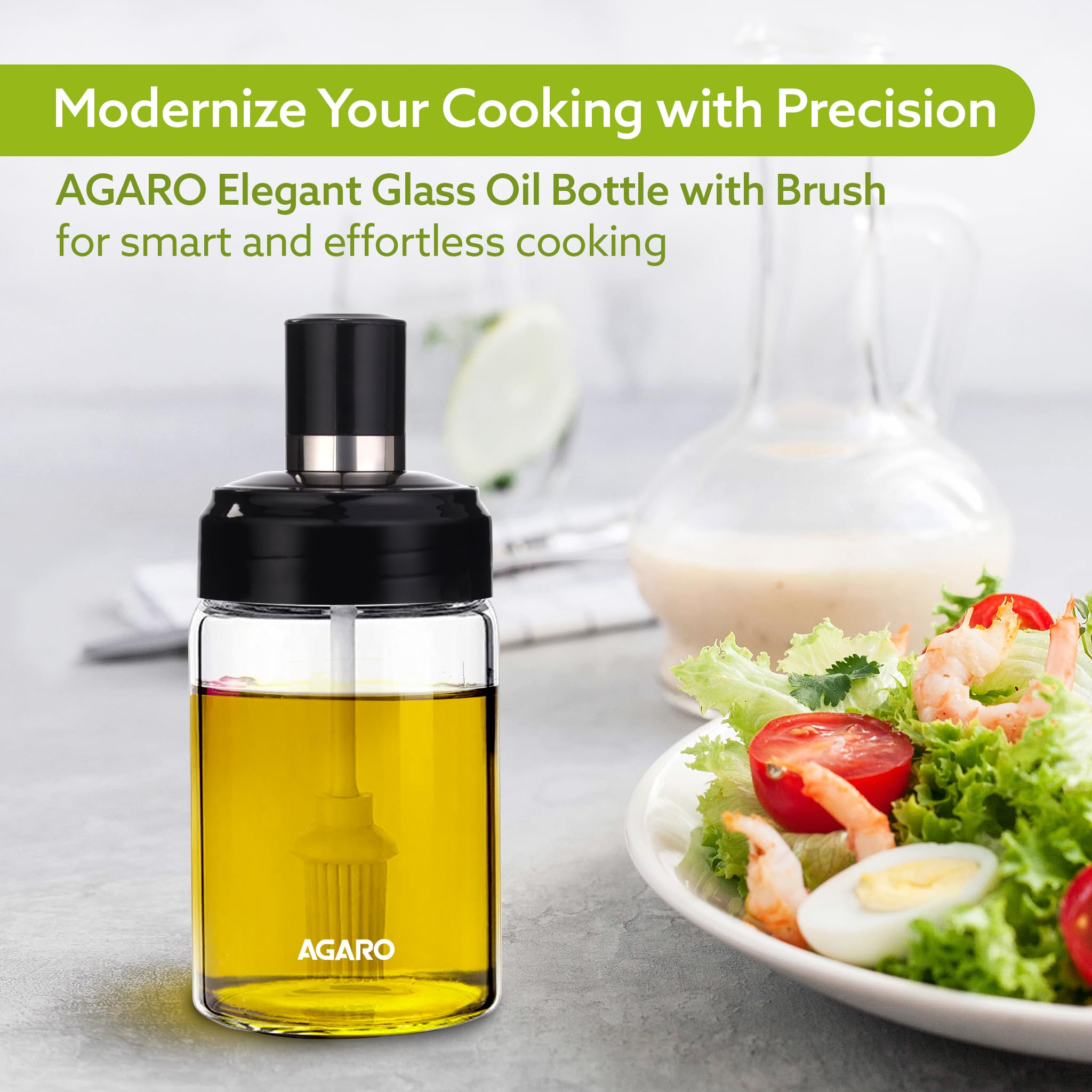 AGARO Elegante botella de aceite de vidrio con cepillo de 250 ml, botella de aceite para cocina, botella de vidrio con cepillo para cocinar, hornear, barbacoa, marinar