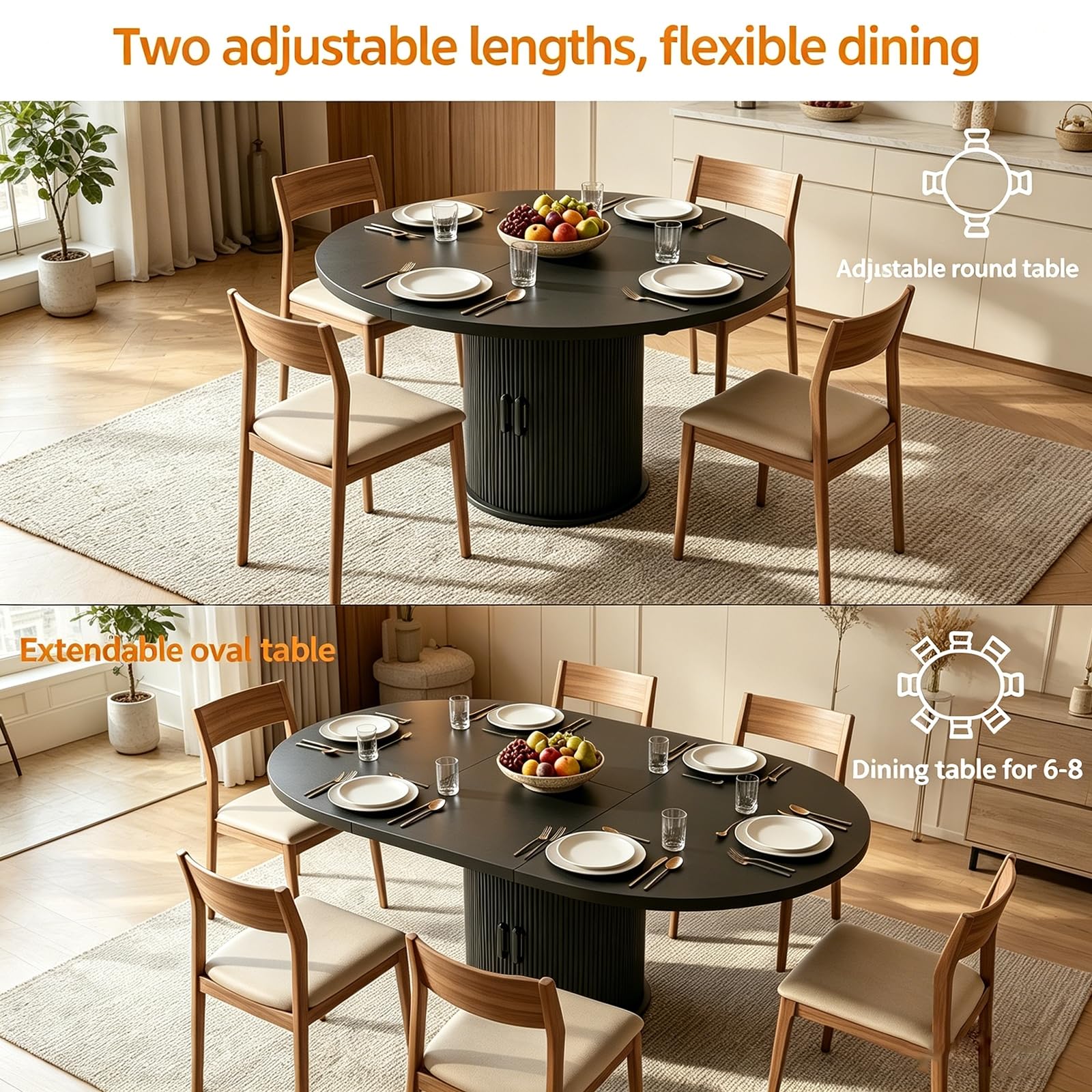 Runder Esstisch 118cm für 4-6 Personen, geriffelter Sockel, Küchen- & Esszimmertisch, platzsparend für kleine Räume, Schwarz