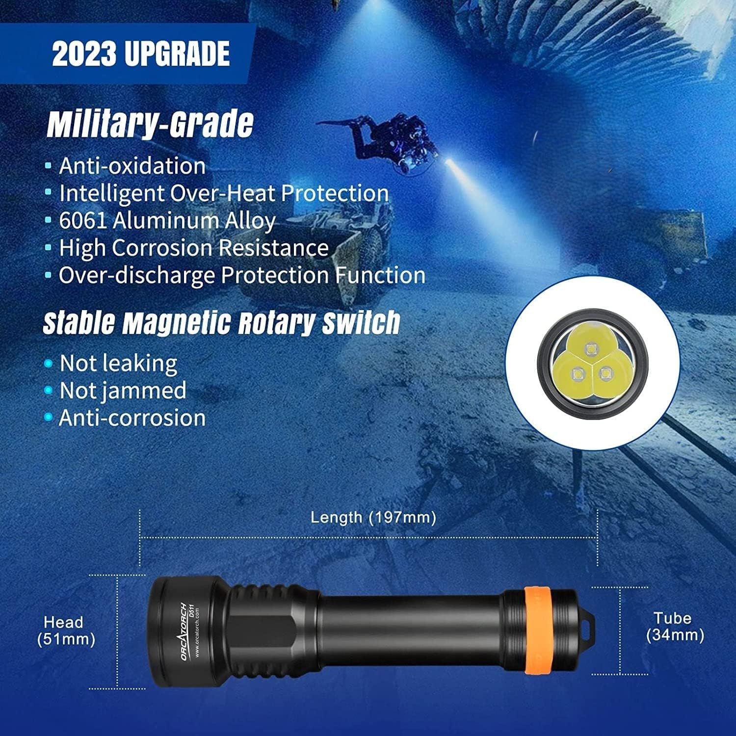 ORCATORCH Luz de buceo D511, máximo 2200 lúmenes, linterna subacuática con haz de 8 grados, interruptor giratorio impermeable IP68, antorcha de buceo nocturna