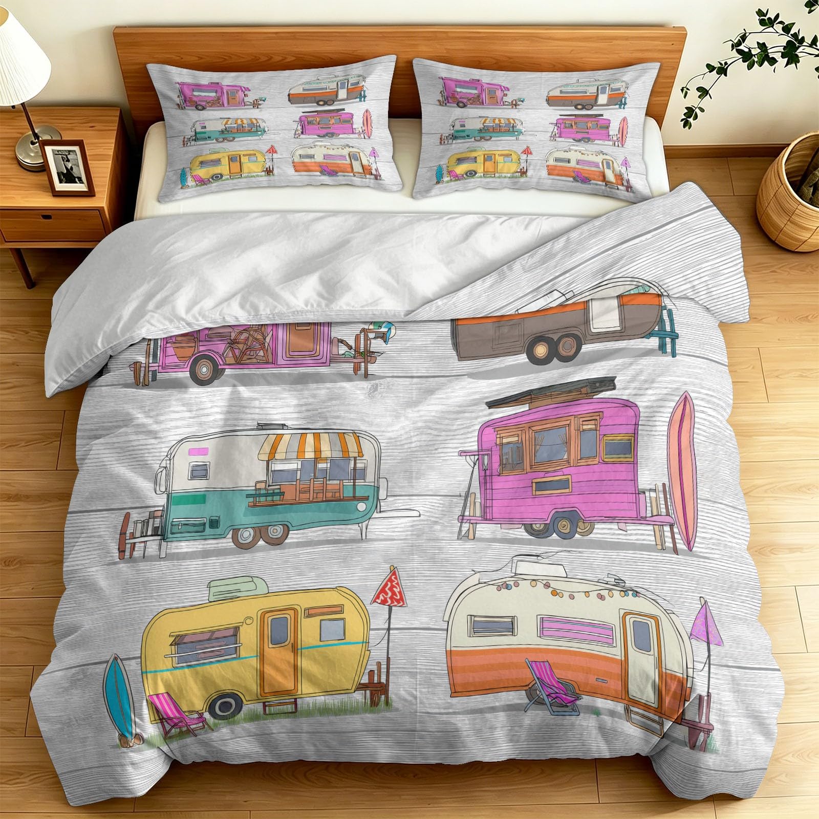 Amerikanischer Vintage Bettwäsche 180 x 200 cm, Wohnmobil Camper Surfbrett Lichterkette 3 teilig Weiche, Microfaser Bettwäsche, Deckenbezug mit Reißverschluss und Kissenbezüge, Weiß