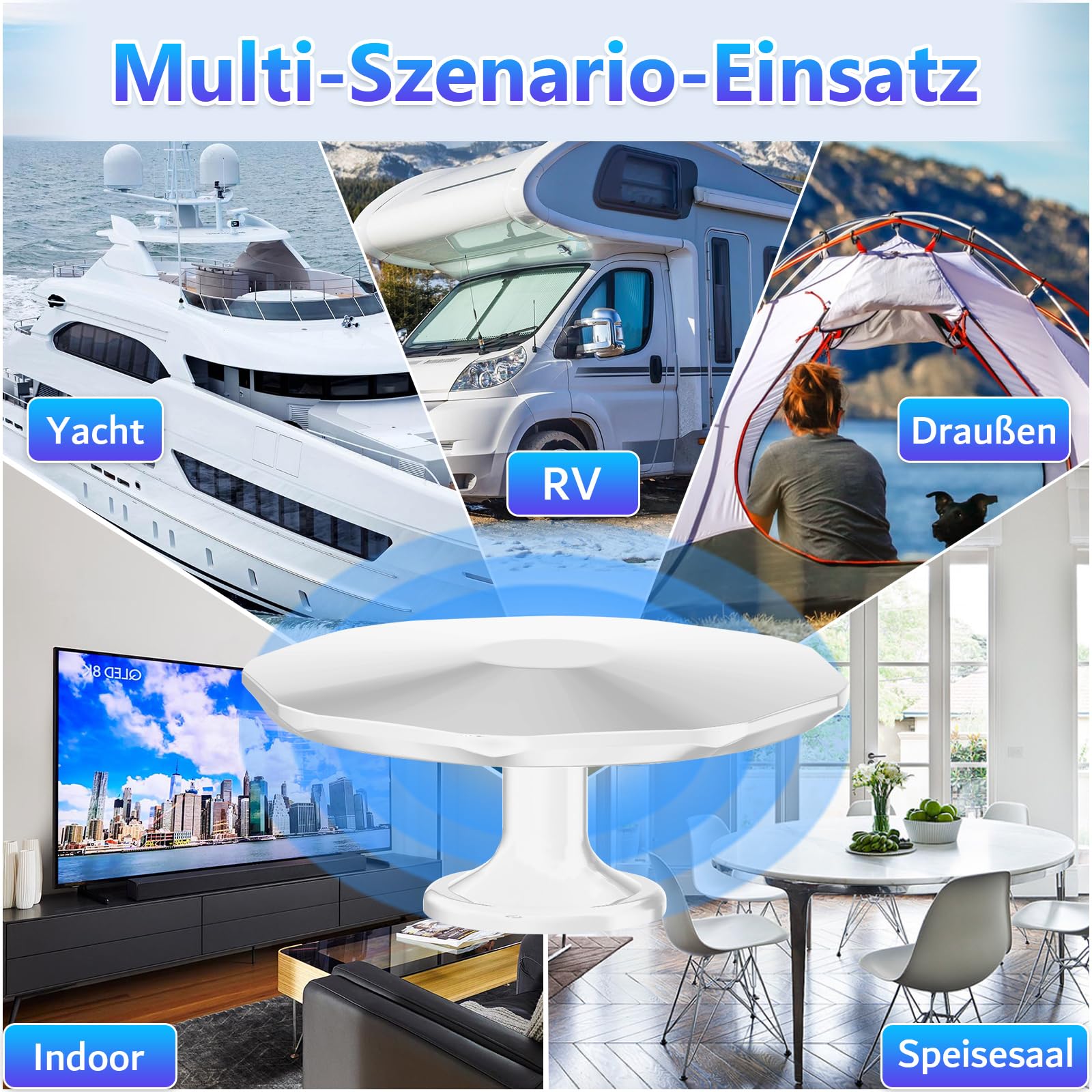 Antenna DVBT2, antenna da camera DVB-T e DVB-T2, con amplificatore, per interni ed esterni, antenna digitale con amplificatore per esterni, angolo di ricezione a 360°, resistente alle intemperie, ai