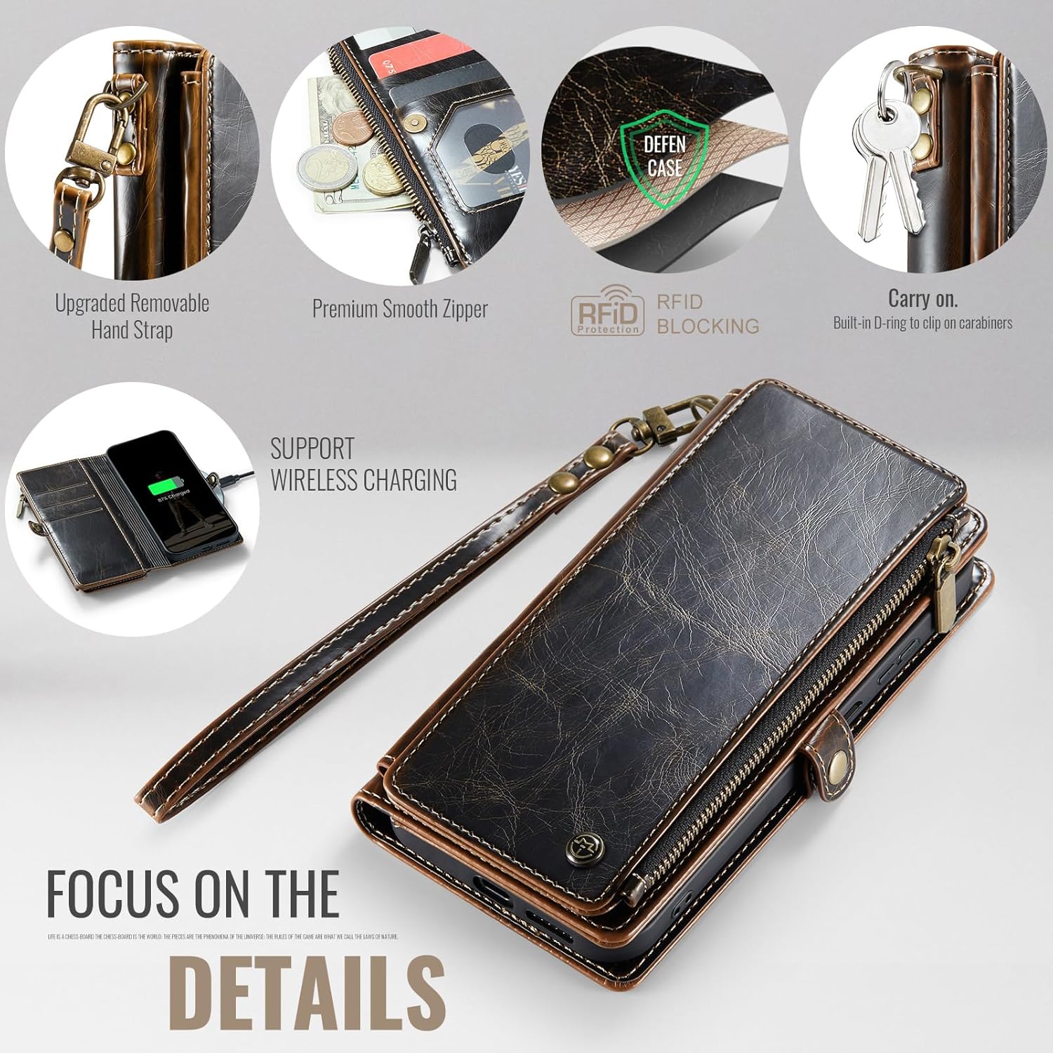 Defencase Wallet Case Compatible with Motorola Moto G Stylus 5G 2023 with RFID Blocking Zipper Card Holder Fashion Soft PU Leather Magnetic Snap Flip Strap Phone Case Wallet for Women Men, Coffee - Image 5