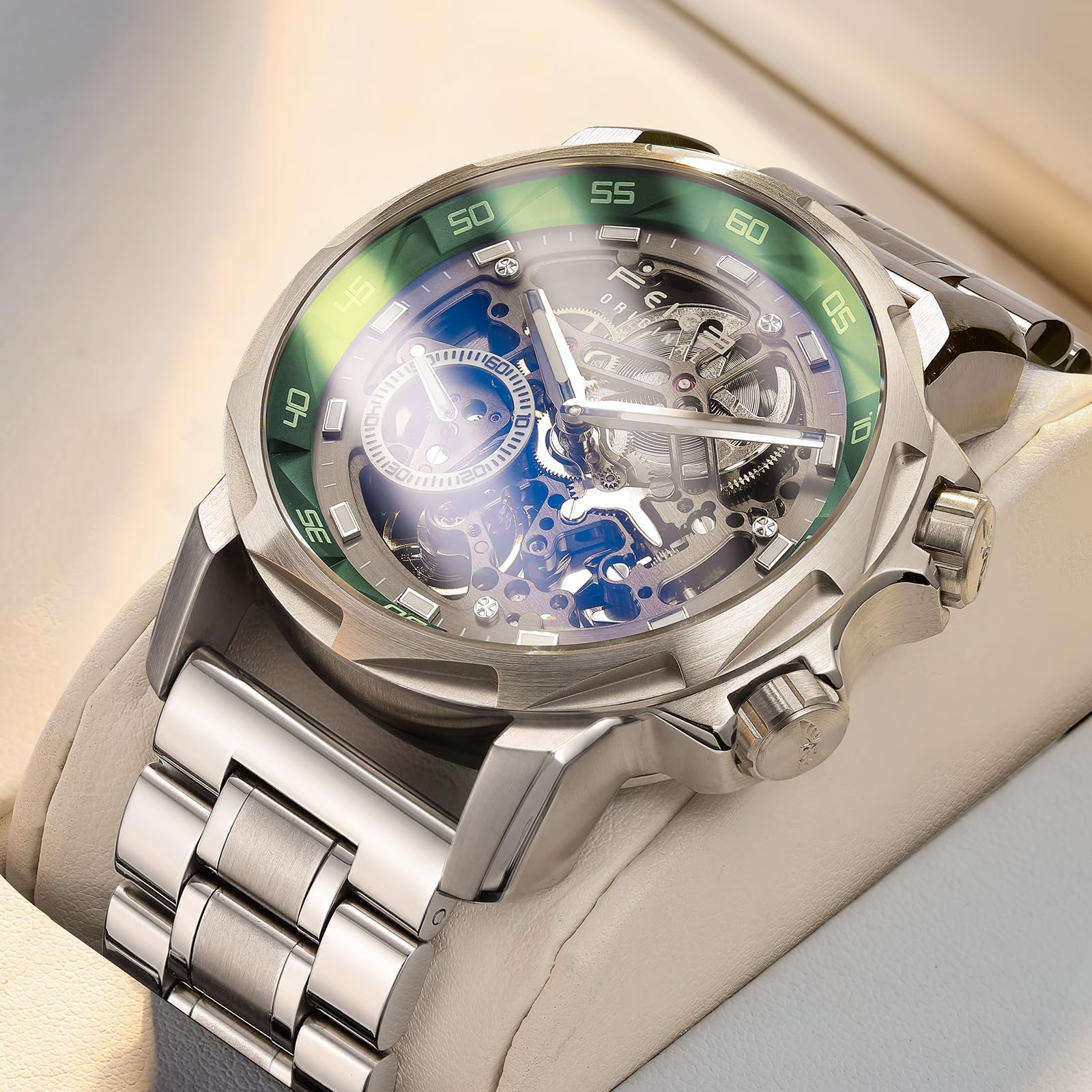 FEICE FM511 YLVG Orologio da uomo automatico scheletrato, quadrante blu in vetro zaffiro, lancette luminose, impermeabile fino a 5 atm, orologio sportivo con cinturino in acciaio inossidabile
