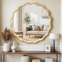 FGU 24 Inch Wavy Circle Wood Mirror for Wall - Scalloped Farmhouse Round Bathroom Mirror Shatterproof Glass Wooden Frame