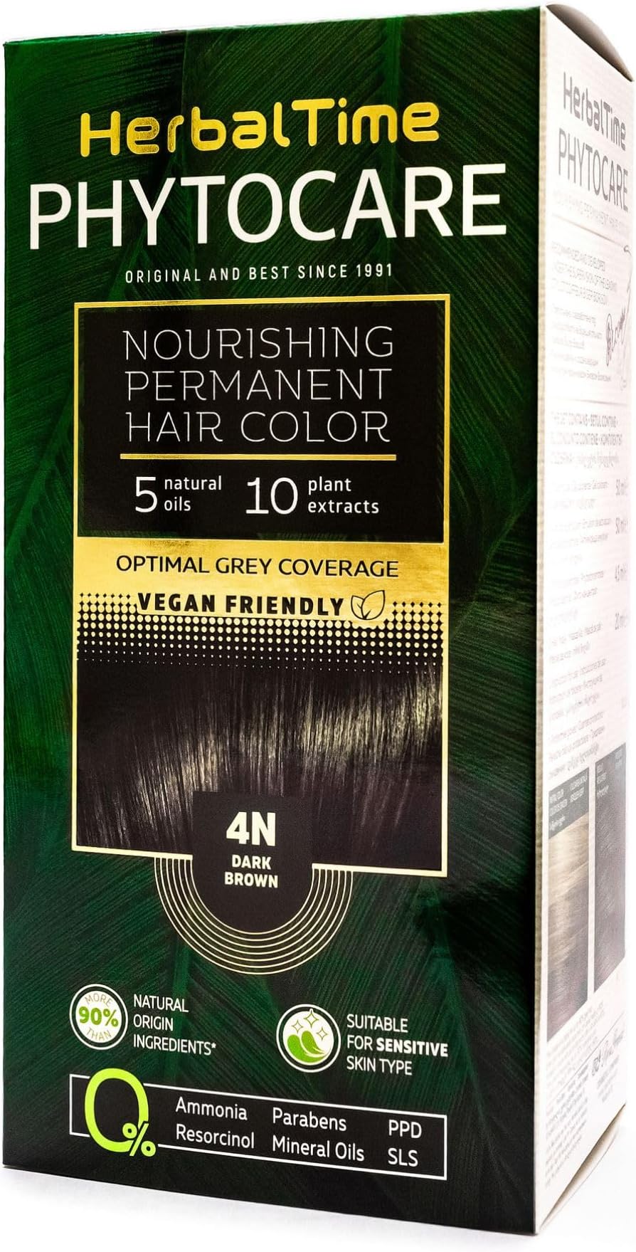 Phytocare Professional Permanent Hair Dye Dark Brown 4N, PPD Free Ammonia Free Hair Colour Kit for Grey Coverage, 90% Natural Origin Ingredients, Vegan Formula, Conditioning Mask, 124.5 ml