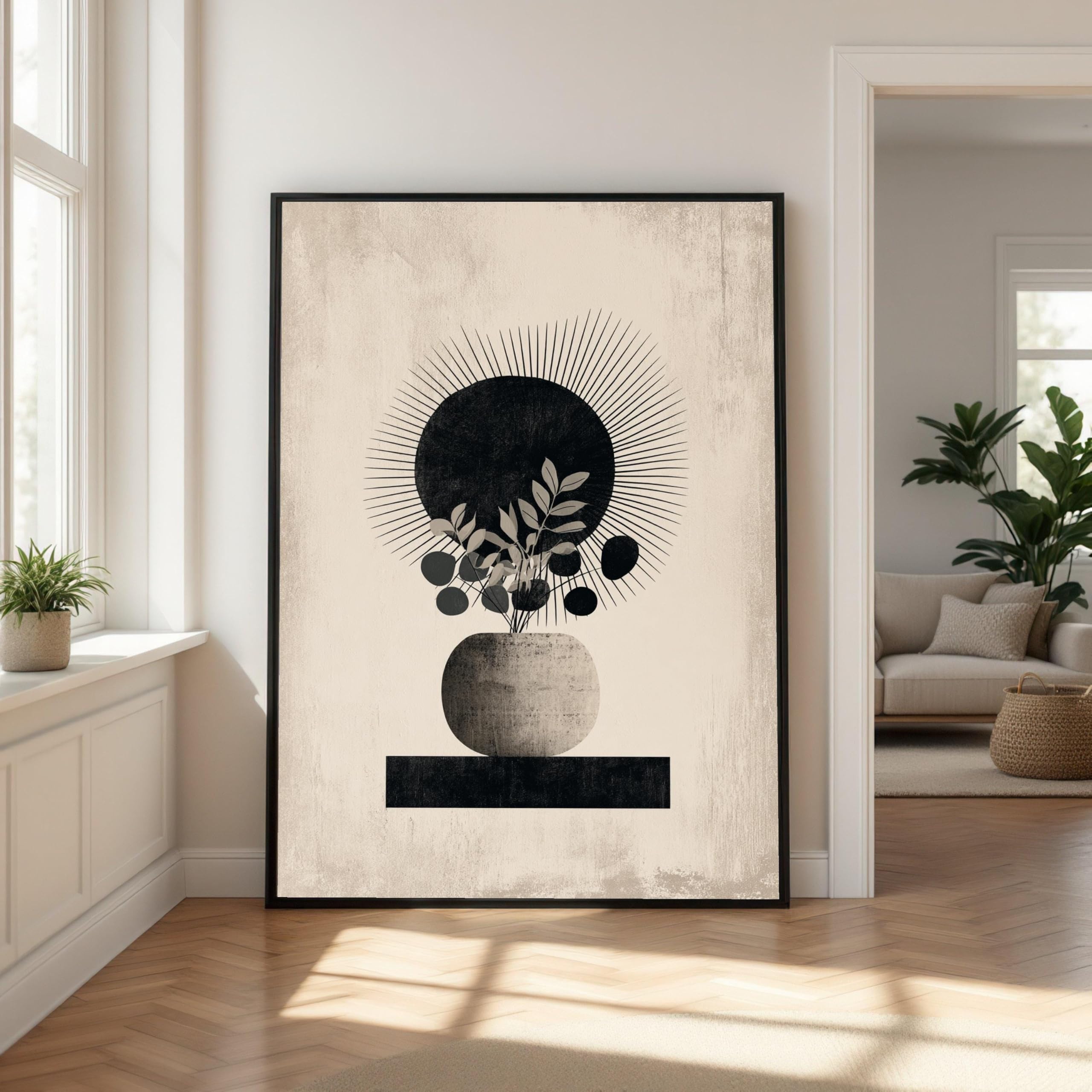 Lmycheng Frameless Black Sun Plant Canvas, Minimalist Abstract Wall Art, Bohemian Botanical Vase Illustration, Still Life Canvas Painting(70X110cm/Frameless)