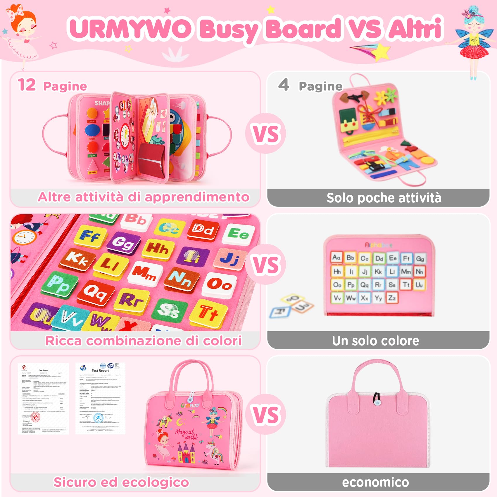 URMYWO Busy Board per Bambini,Giochi Montessori 2 3 4 5 Anni,Giochi Educativi Tabellone Attivitài,Giochi Bambini 2 3 4 5 Anni,Quiet Book,Pannello Sensoriale Bambini Montessori Regalo Bambino