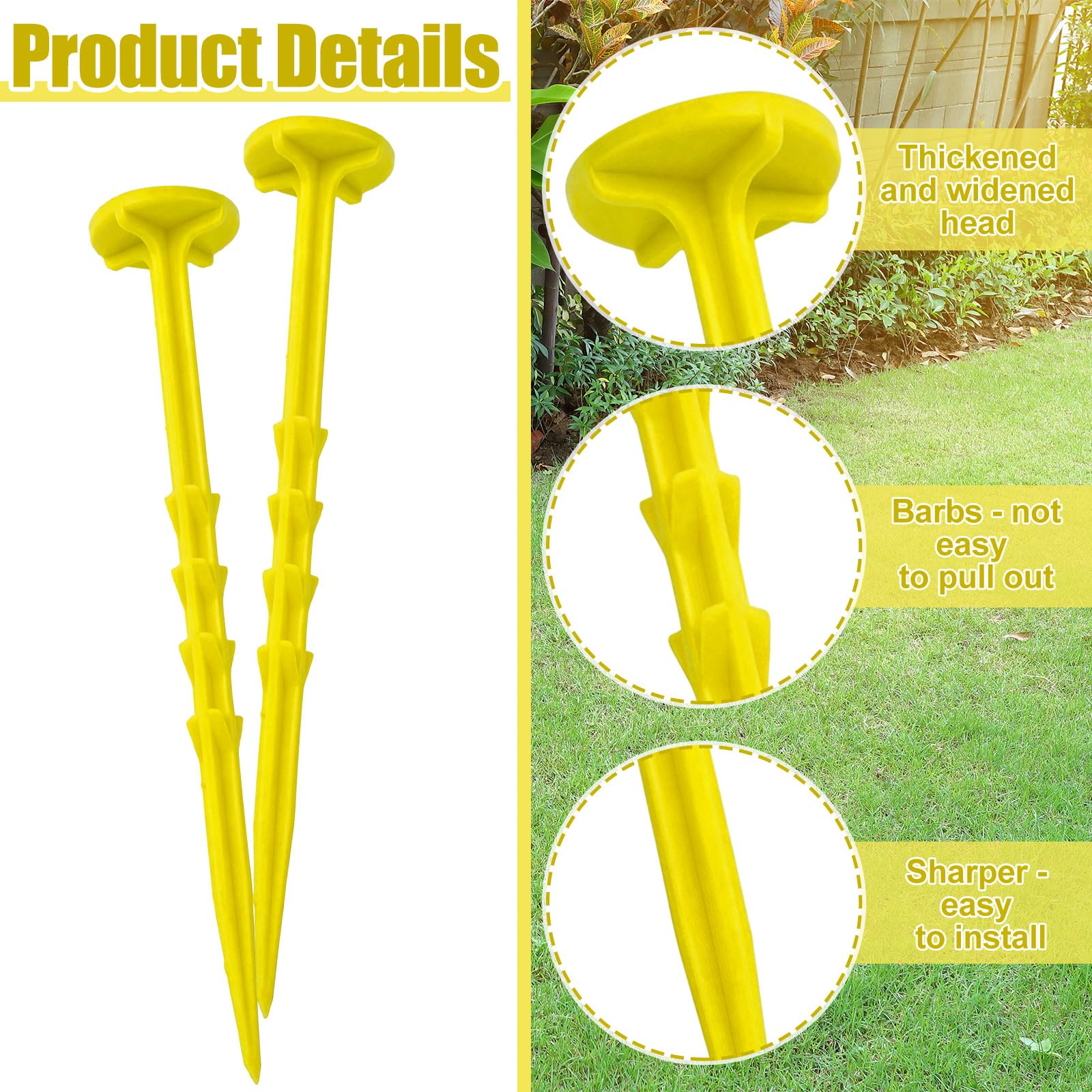 Nuanchu Lot de 20 piquets à profil bas de 20,3 cm - Haute visibilité - Pour patio, bordures de pelouse, jardins, pavés paysagers, bâches en tissu (jaune, 20,3 x 3,8 cm)