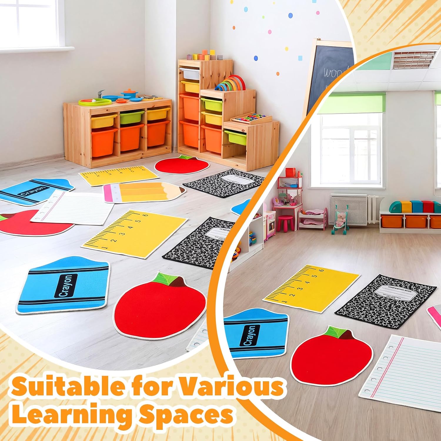 24 Pcs Carpet Seats 16.5" Back to School Rug Floor Cushions Pencil Apple Crayon Ruler Notebook Composition Floor Mat with Anti-Slip Particles for Daycare Learning Playing Areas