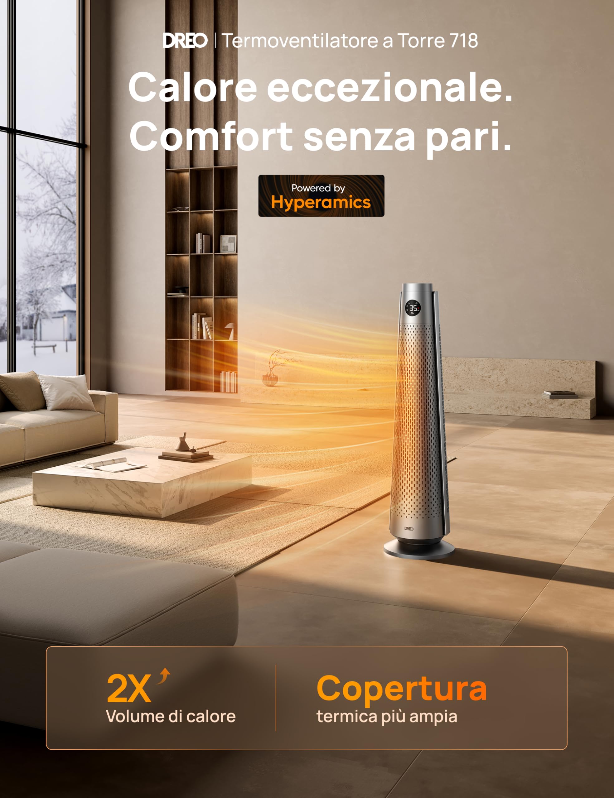 DREO Termoventilatore a risparmio energetico 2000W con telecomando, 25 dB silenzioso, oscillazione 120°, termostato, 5 modalità 3 velocità, protezione 7 livelli, timer 12h, stufa ceramica PTC