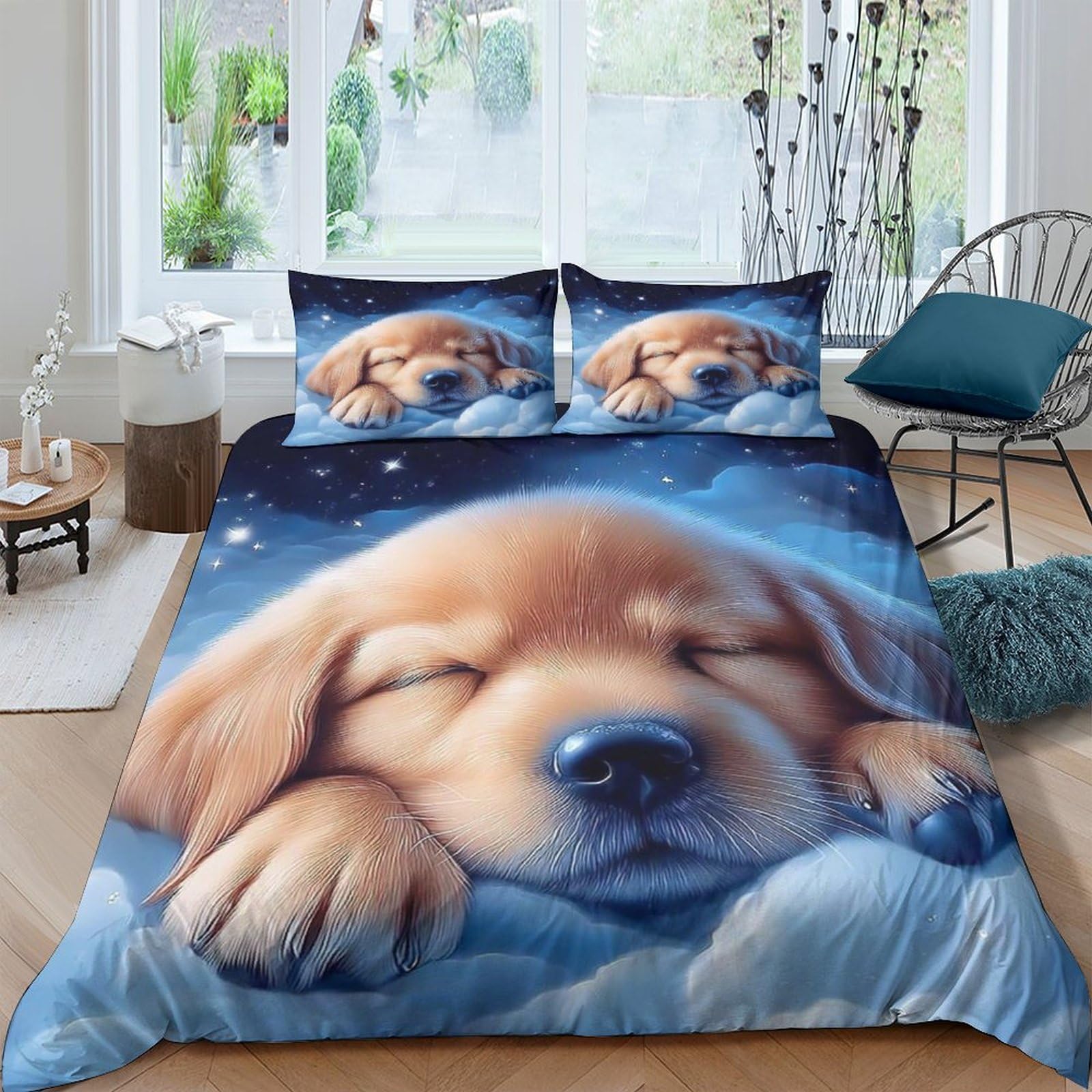 Ctjqhvkz Style-4 3D Printed Sleeping Puppy Fitted Sheet Microfiber Soft Breathable Night Sky Bed Cover For Bedroom Dorm Decor Single（135X200cm）