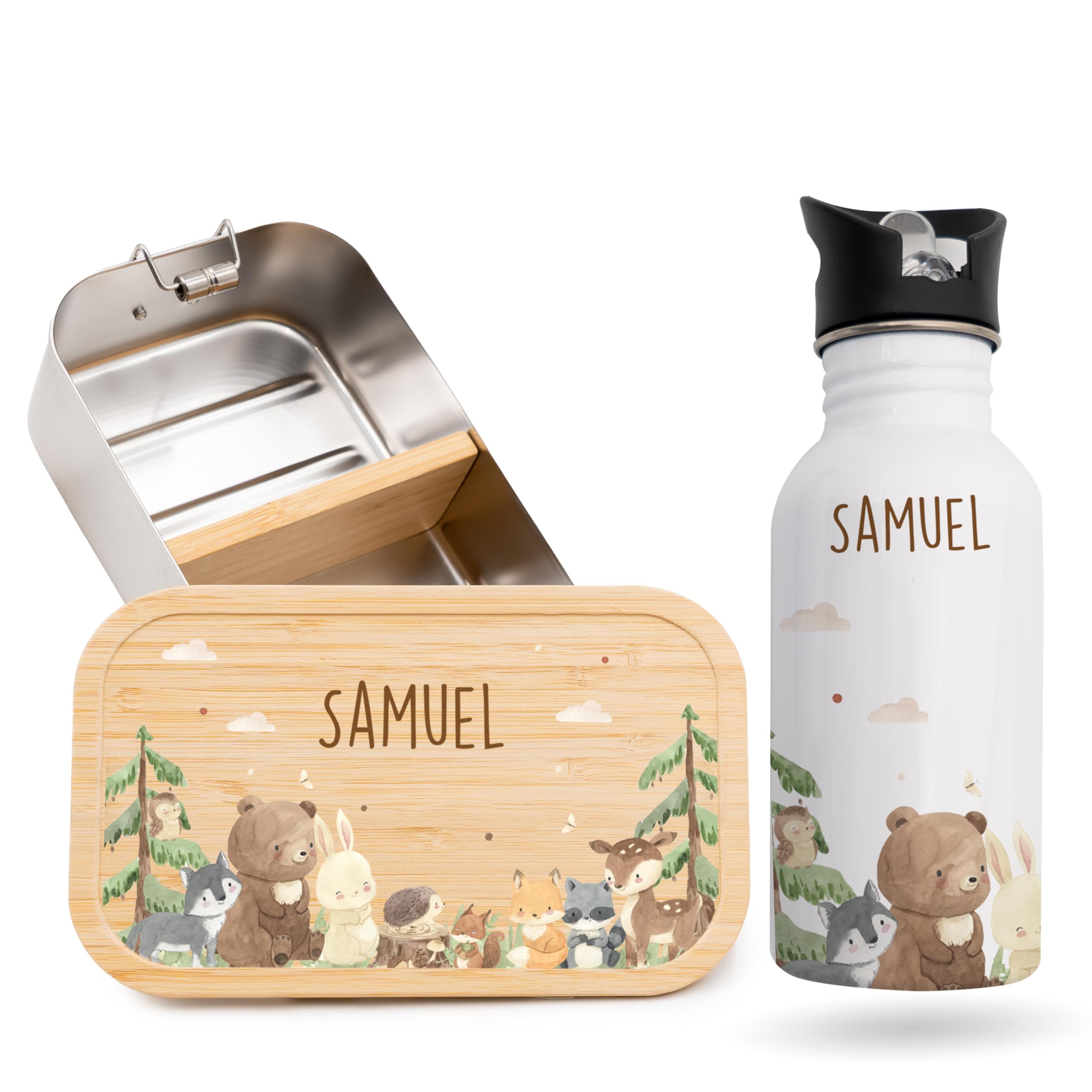 Kidsmood - Personalisiertes Trinkflasche & Brotdose Set, Edelstahl Brotdose Kinder mit Fächern & Trinkflasche Kinder Personalisiert mit Namen – Geschenk zur Einschulung Junge & Schultüte Mädchen