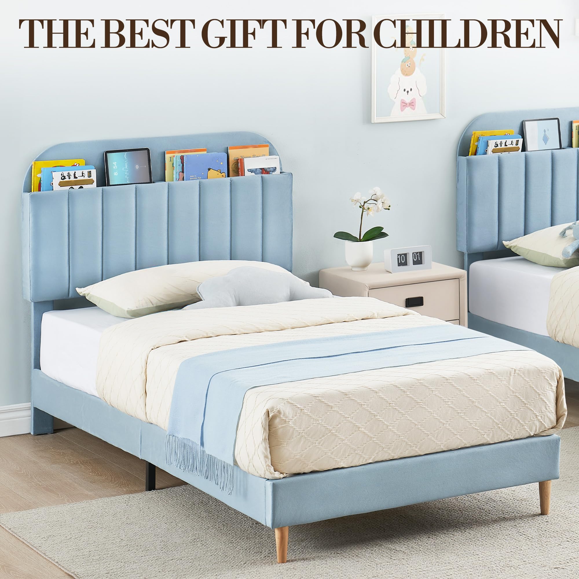 Lit enfant 1 personne 90x190cm,Sommier en bois avec rangement,Lit Simple enfant avec plusieurs pieds,Tête rembourrée,Lit banquette 1 place montessori pour chambre enfant,Garçon/Fille(Bleu)
