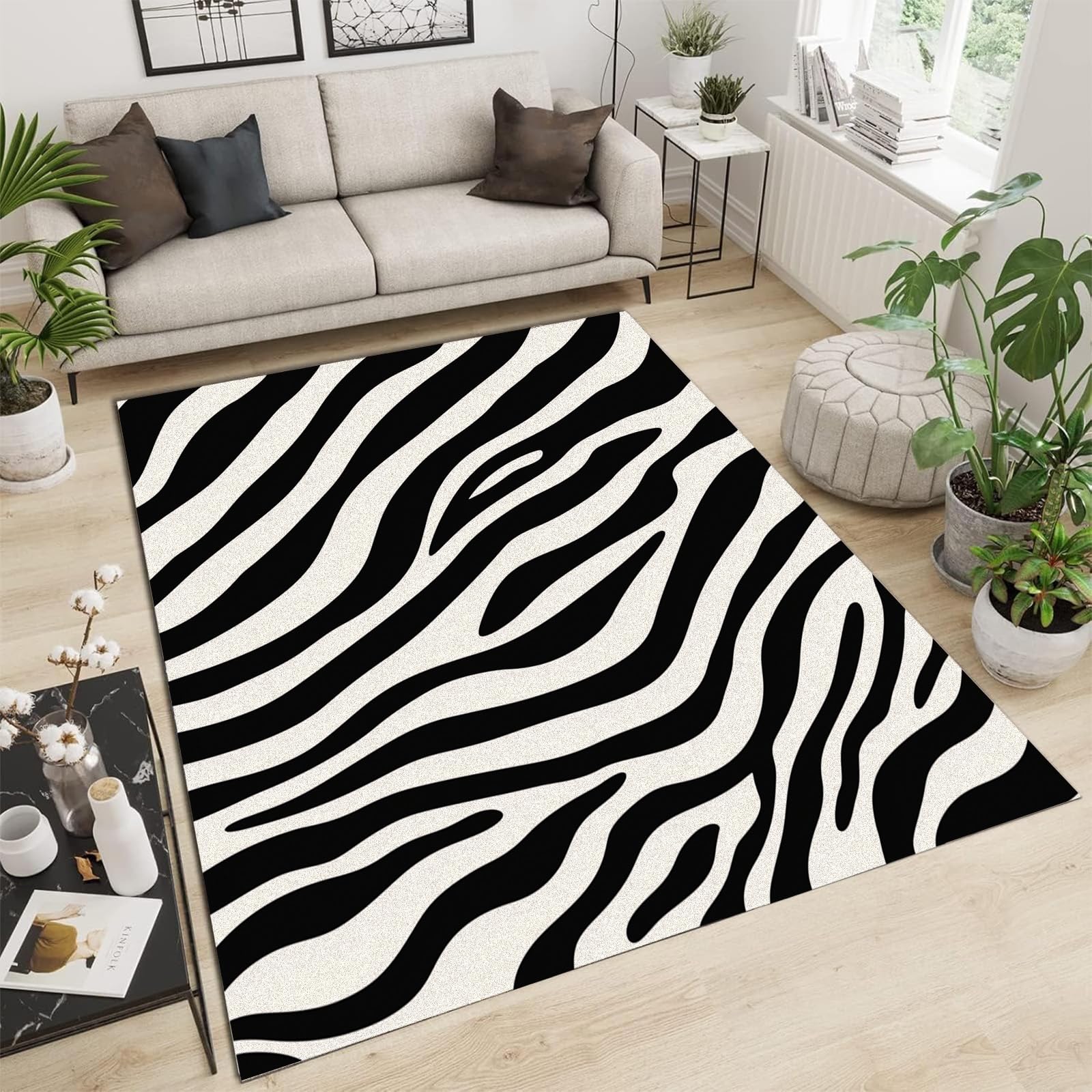 Tapis de salon lavable 240x300cm à lignes noires et blanches en velours doux pour grande chambre