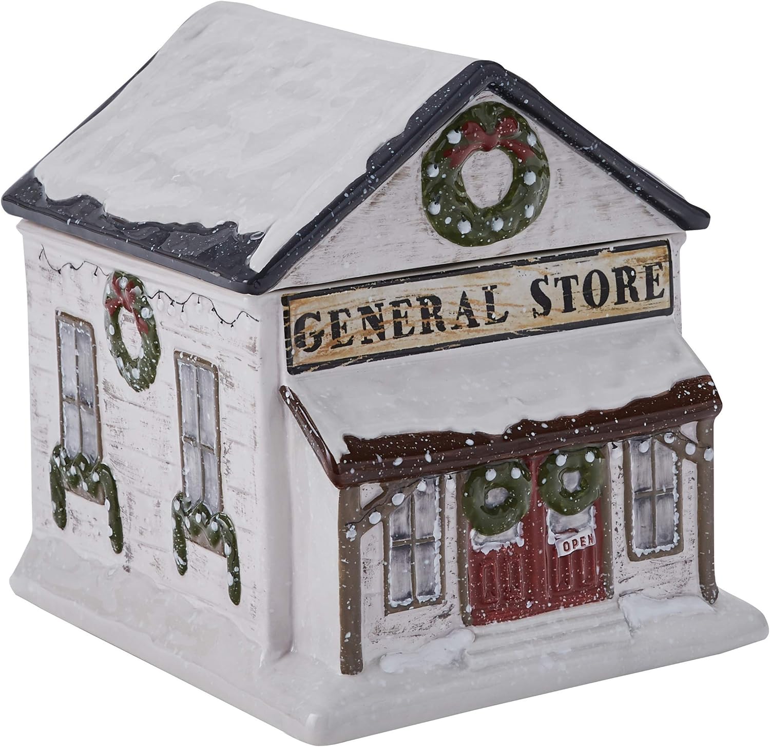 Park Designs Vintage Hometown Cookie Jar – White | Santa Village Ceramic Christmas Cookie Canister for Holiday Kitchen Decor | Winter Treat Storage Jar | Nostalgic Vintage Countertop Box Decoration