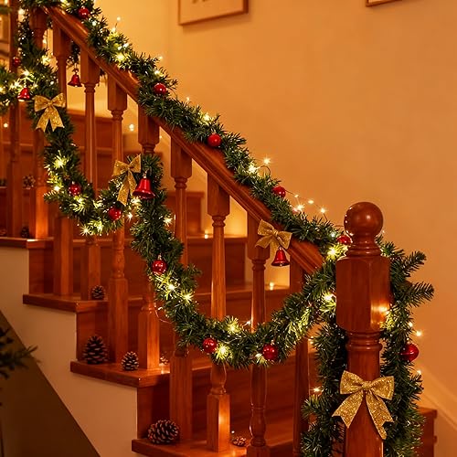 Miniatura 5 de Paquete de 2 guirnaldas de Navidad con luces de 120 luces LED, decoración de pino artificial, decoración de árbol de Navidad, decoración al aire