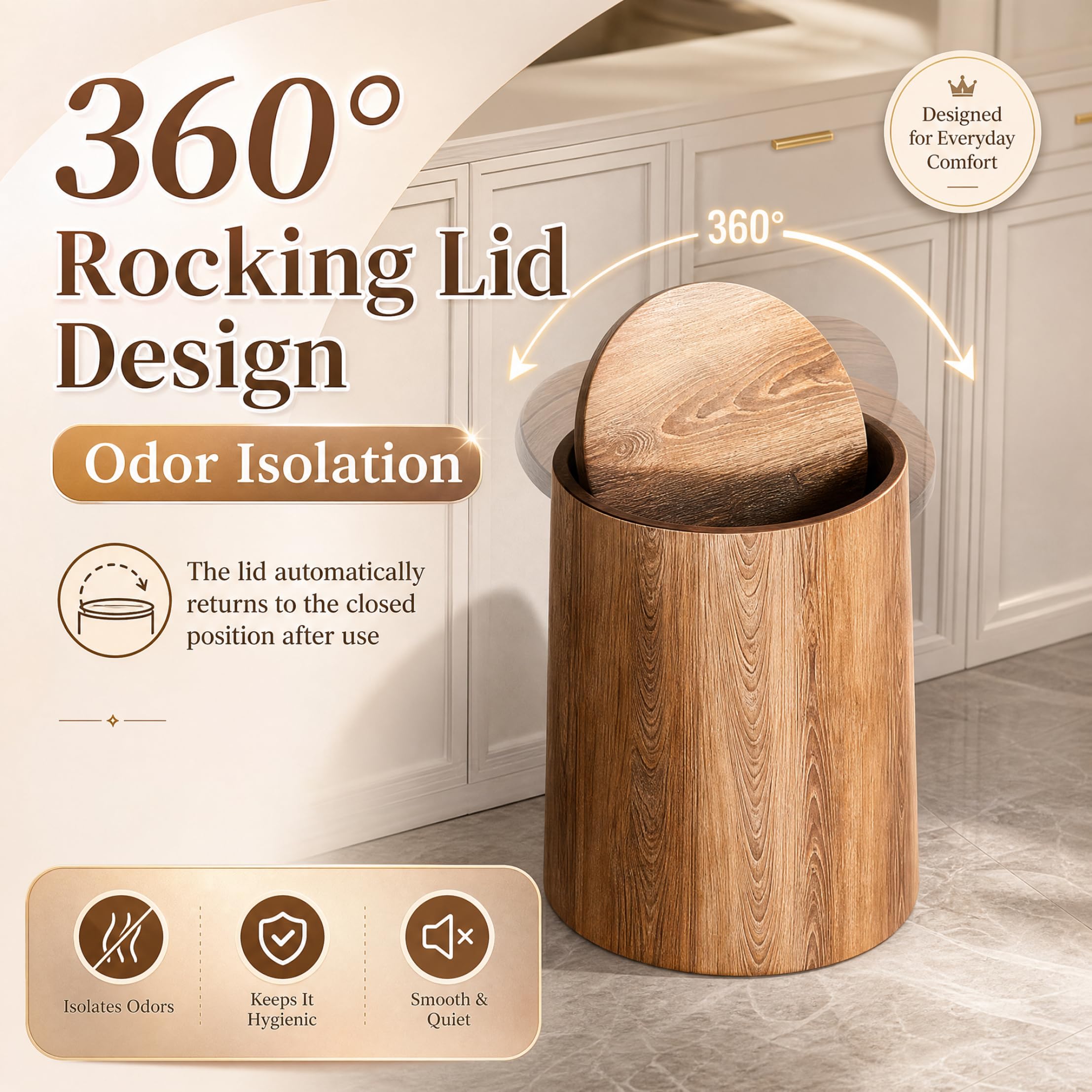 Pattumiera Coperta, Pattumiera con Parte Superiore Oscillante a Doppio Strato con Coperchio Cestino per Rifiuti in Plastica con Grana del Legno per Hotel Ufficio in Casa, 9X11 Pollici, Marrone