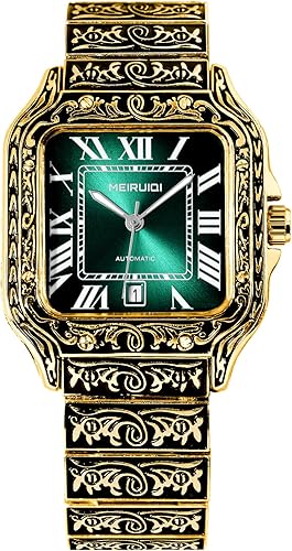 MEIRUIQI Reloj automático de lujo, caja de patrón vintage en tono dorado, esfera cuadrada verde con números romanos, Dorado y Negro, Lujo Vintage